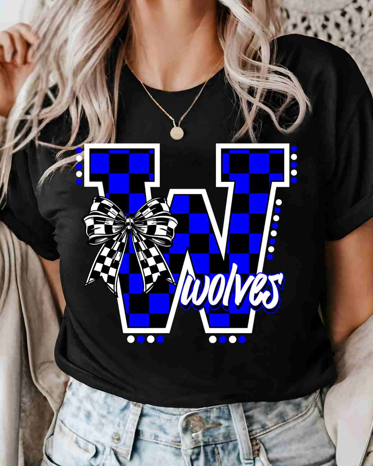 Wolves Checkered Letter Bow DTF Transfer