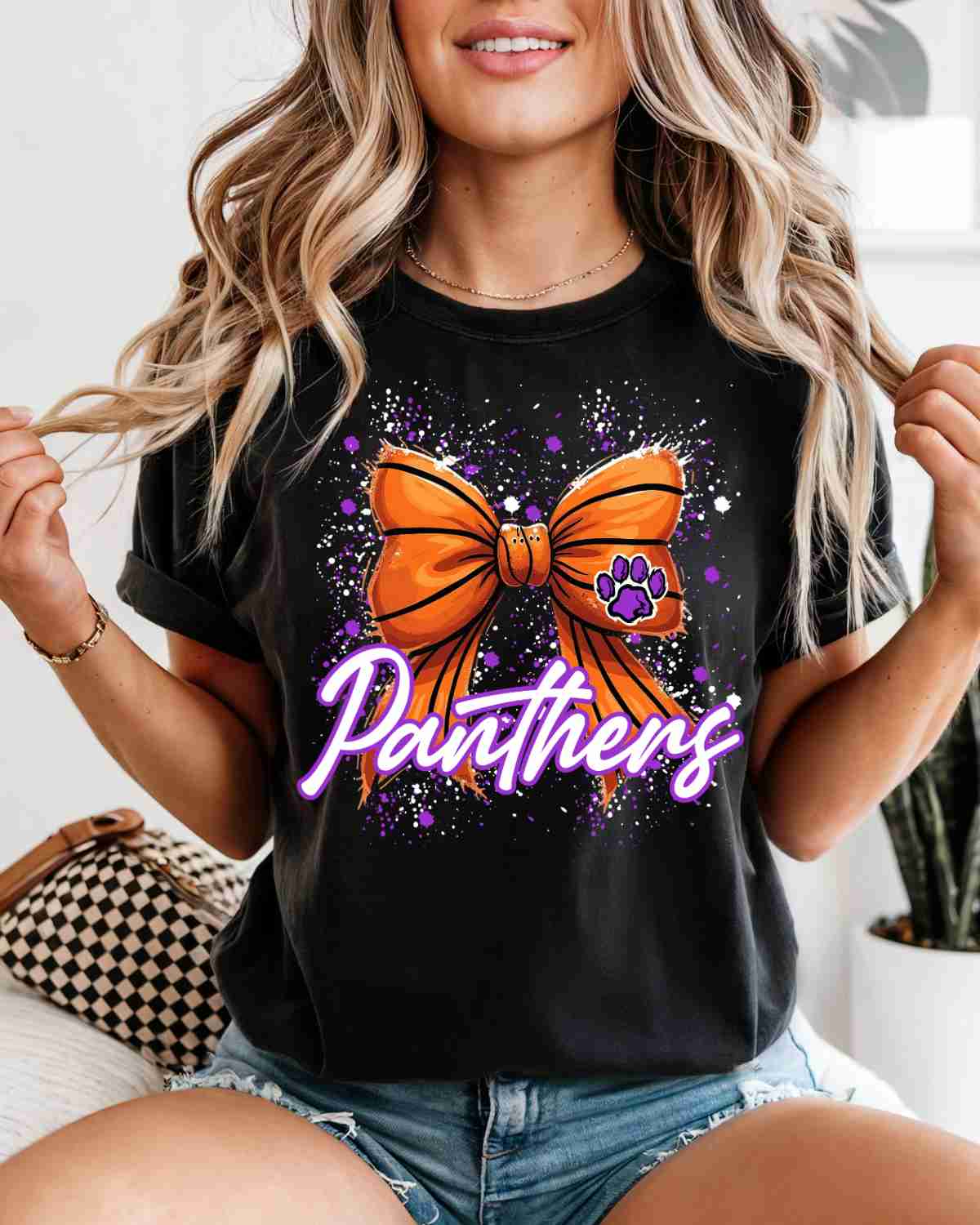 Panthers Basketball Bow Splatter DTF Transfer - Rustic Grace Heat Transfer Company