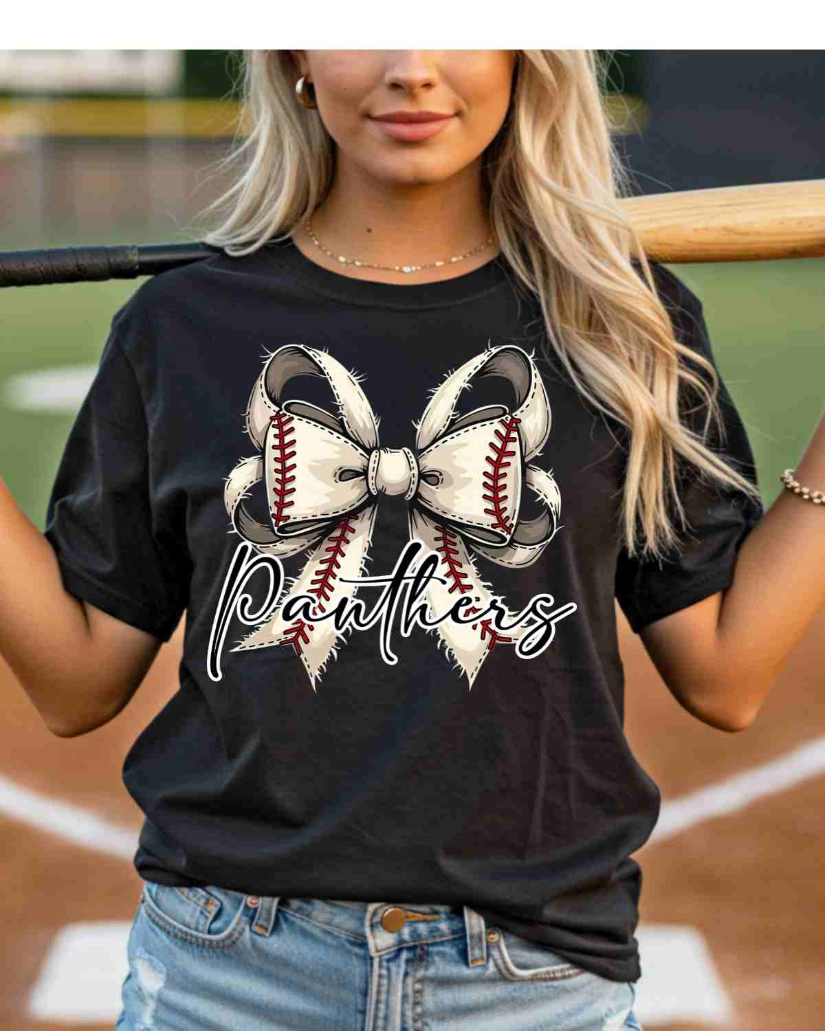 Panthers Baseball Coquette Bow DTF Transfer - Rustic Grace Heat Transfer Company