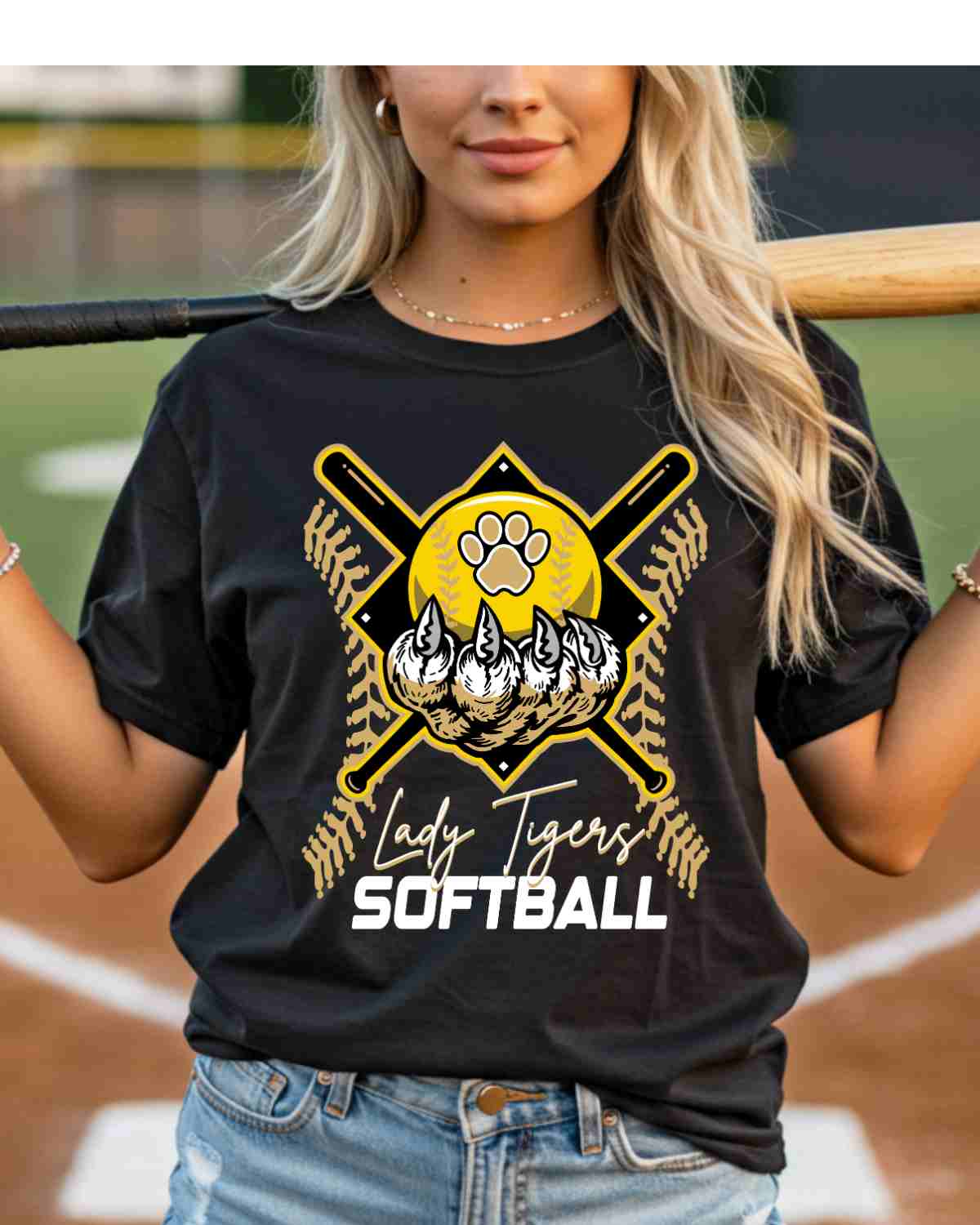 Lady Tigers Softball Holding Ball DTF Transfer - Rustic Grace Heat Transfer Company