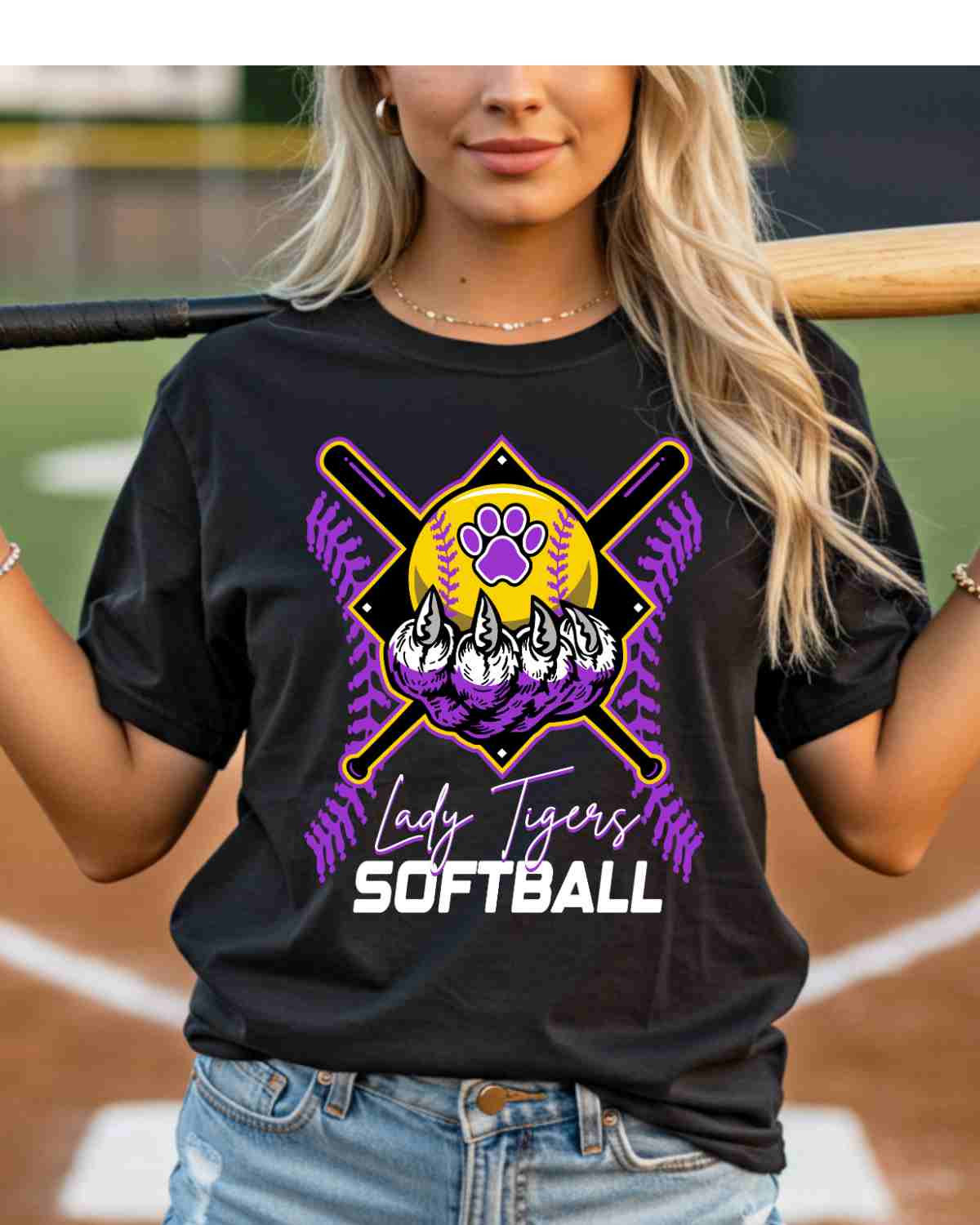 Lady Tigers Softball Holding Ball DTF Transfer - Rustic Grace Heat Transfer Company