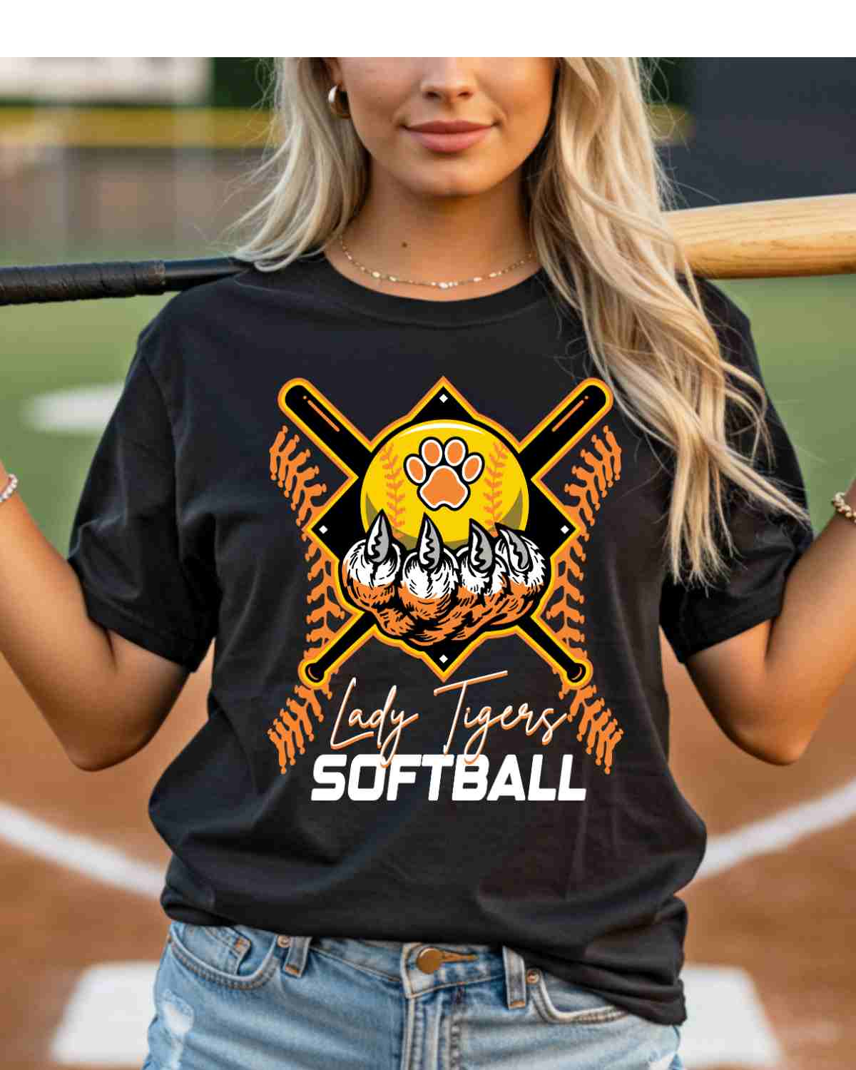 Lady Tigers Softball Holding Ball DTF Transfer - Rustic Grace Heat Transfer Company