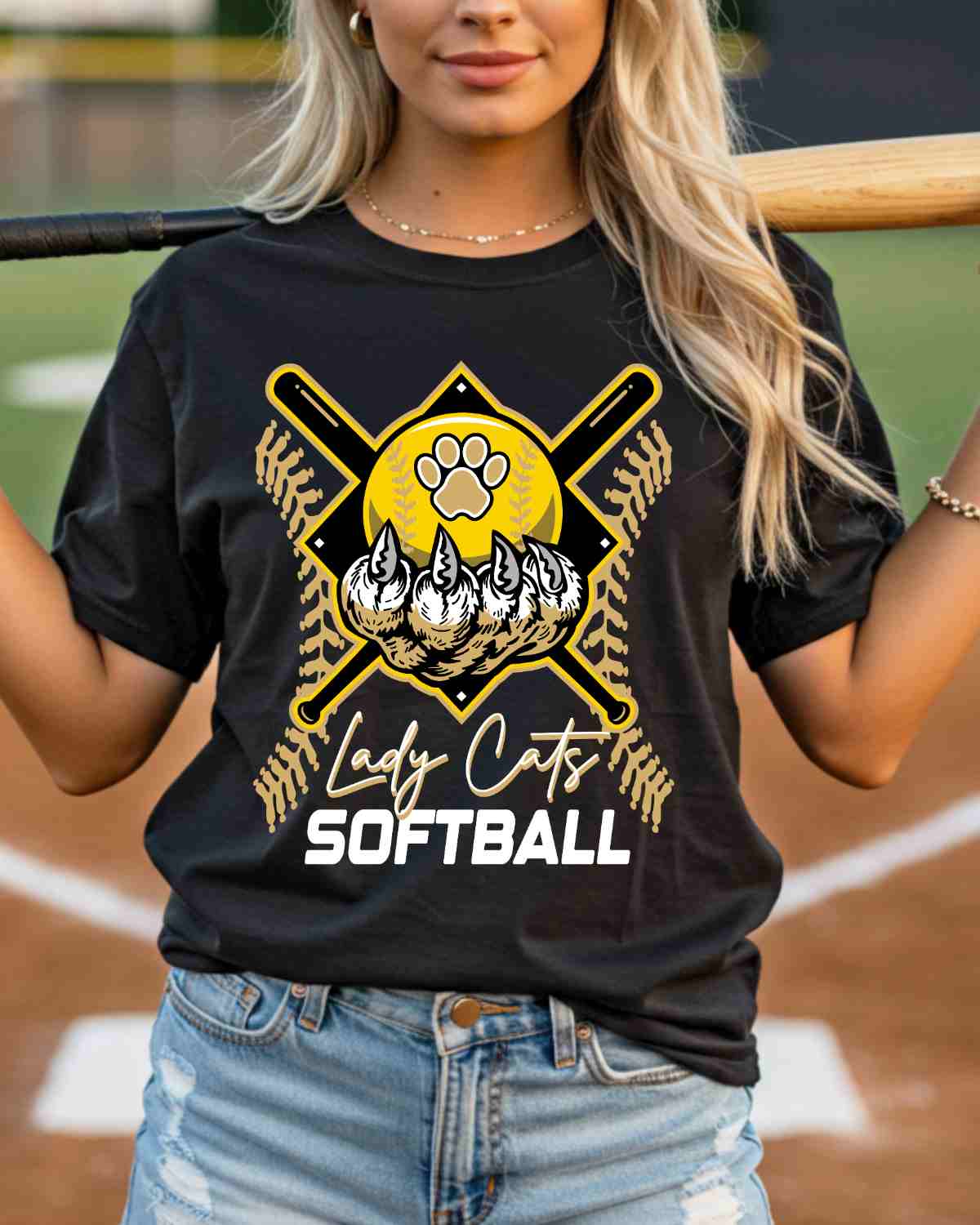 Lady Cats Softball Holding Ball DTF Transfer - Rustic Grace Heat Transfer Company