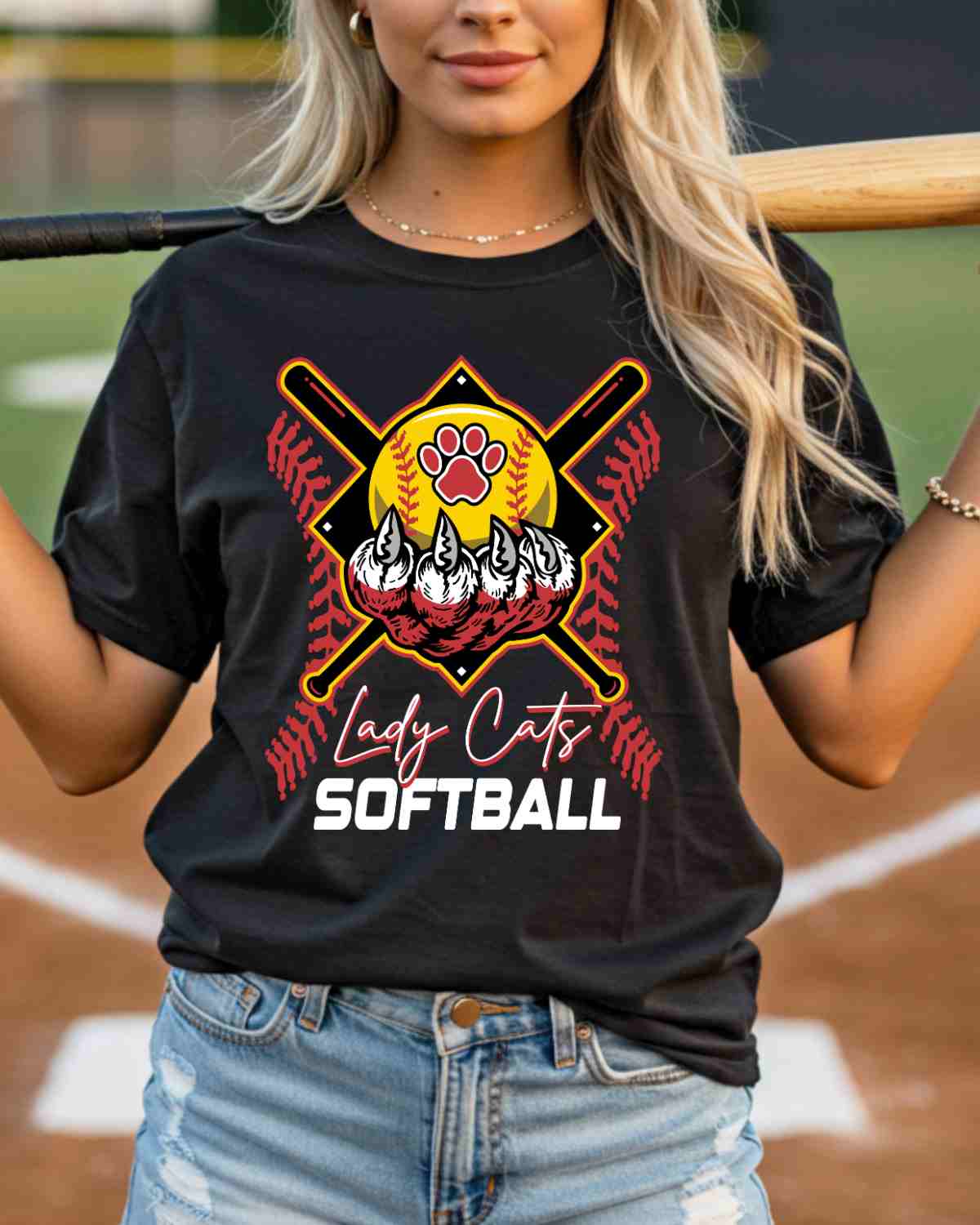 Lady Cats Softball Holding Ball DTF Transfer - Rustic Grace Heat Transfer Company