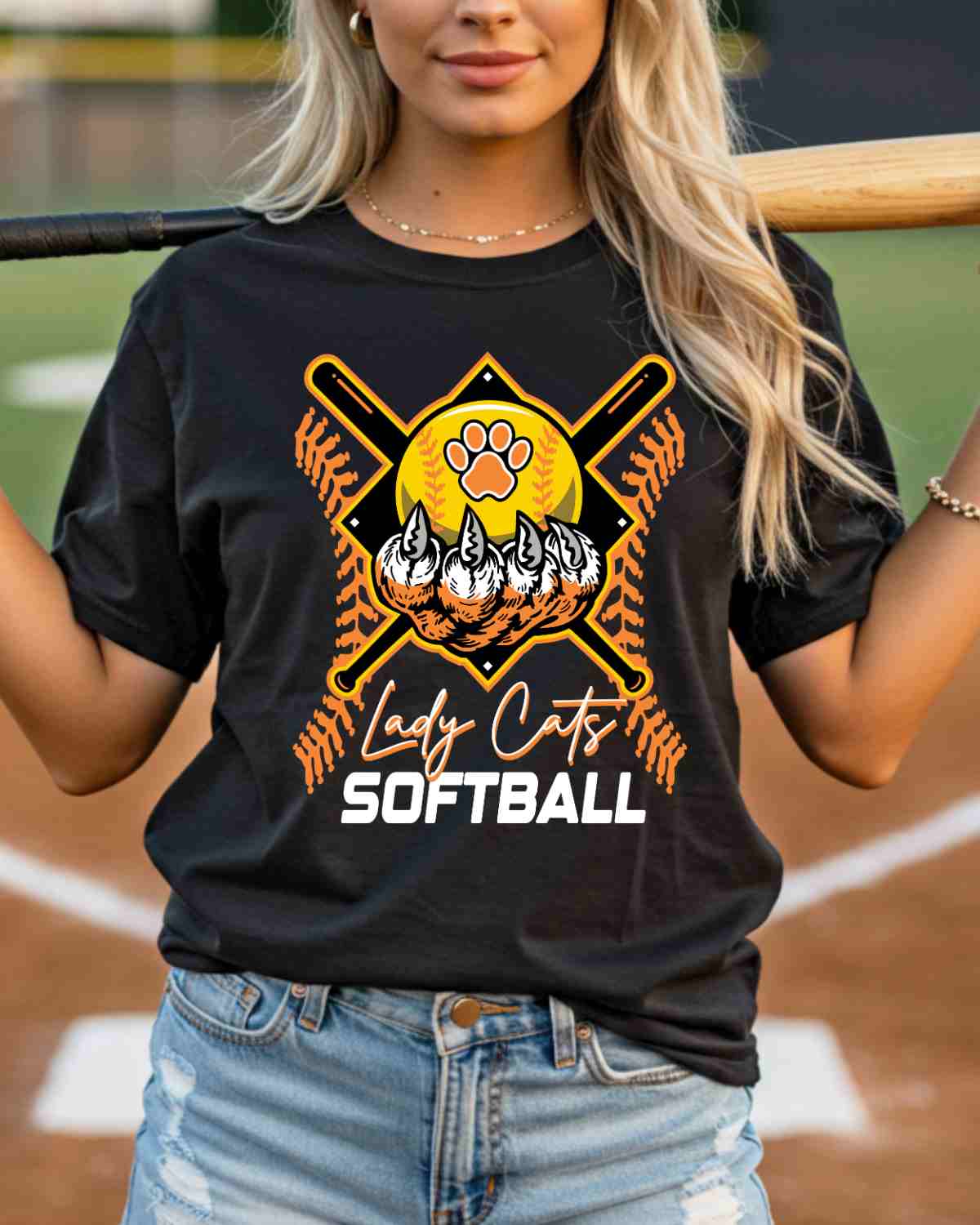 Lady Cats Softball Holding Ball DTF Transfer - Rustic Grace Heat Transfer Company