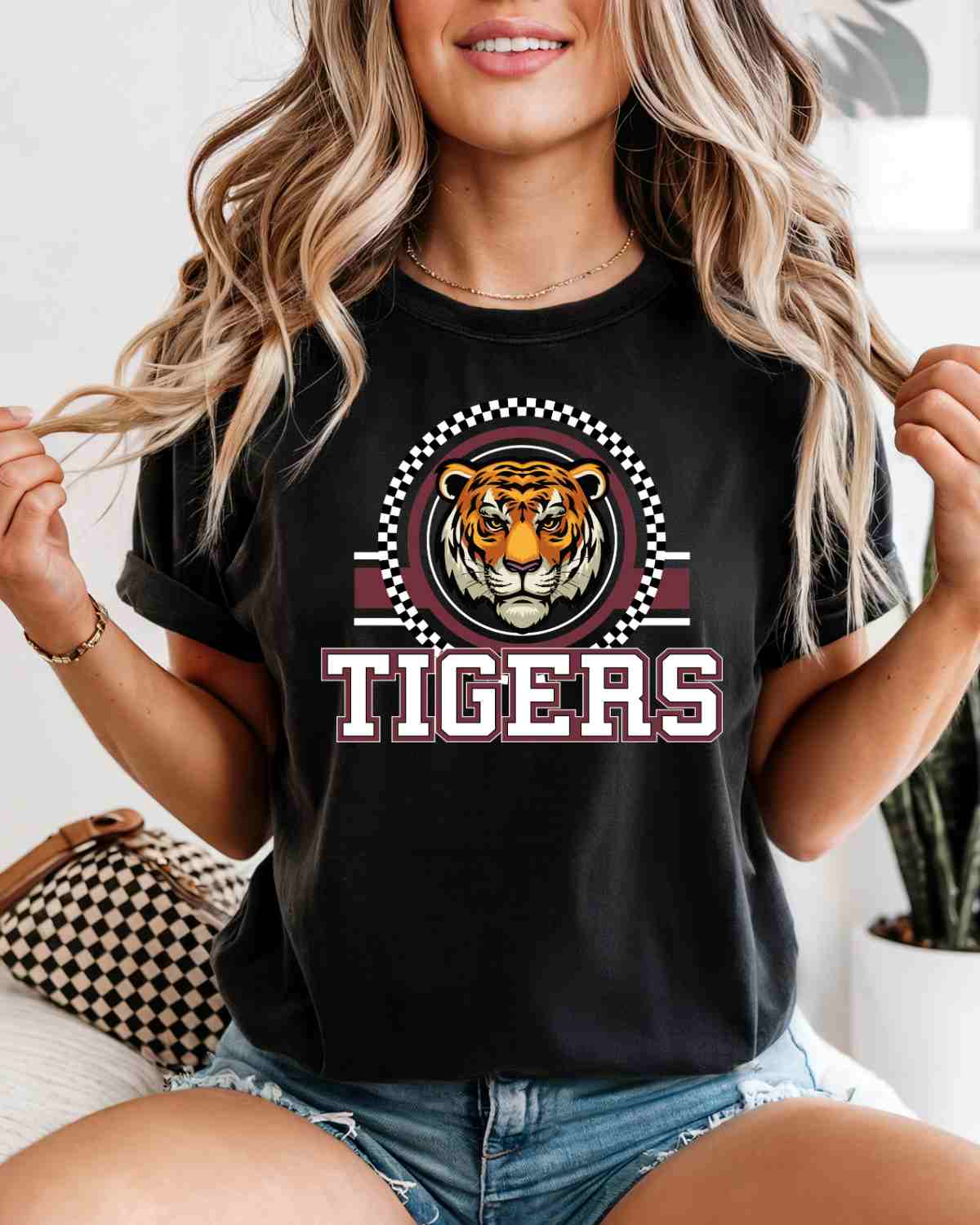 Tigers Checkered Circle Logo DTF Transfer - Rustic Grace Heat Transfer Company