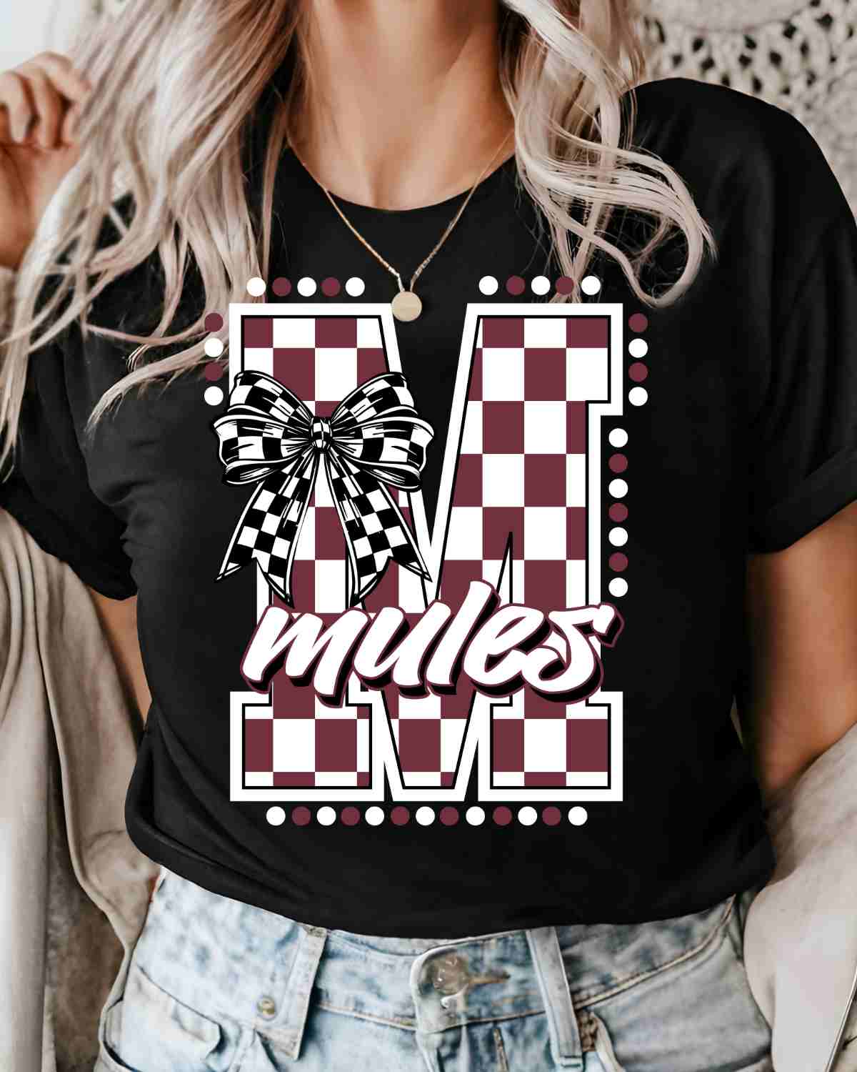 Mules Checkered Letter Bow DTF Transfer