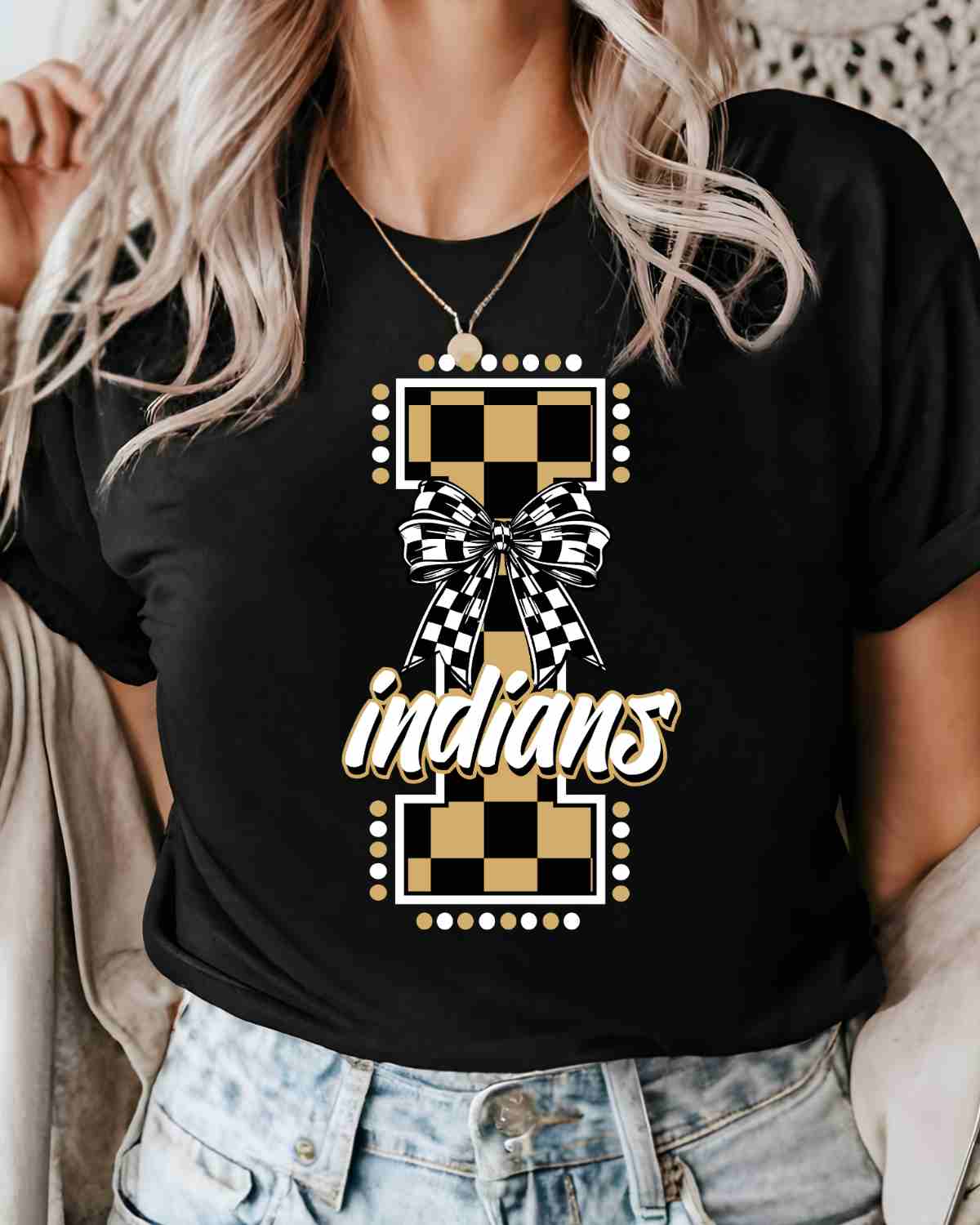 Indians Checkered Letter Bow DTF Transfer