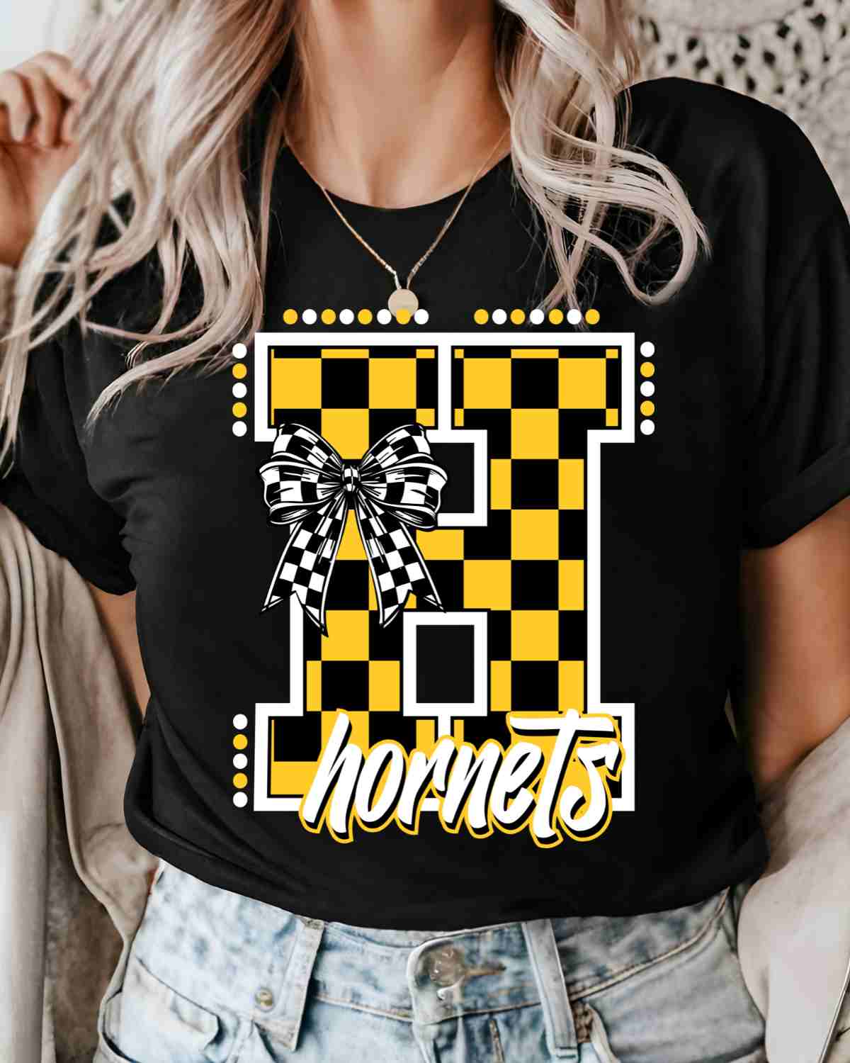 Hornets Checkered Letter Bow DTF Transfer