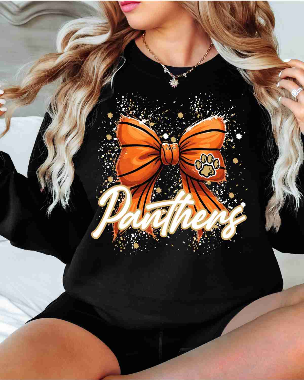 Panthers Basketball Bow Splatter DTF Transfer - Rustic Grace Heat Transfer Company