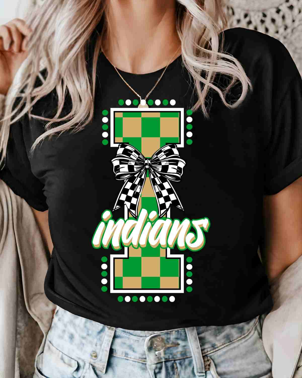 Indians Checkered Letter Bow DTF Transfer