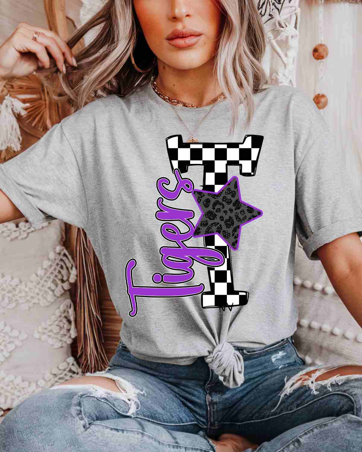 Tigers Checkered Letter Star DTF Transfer