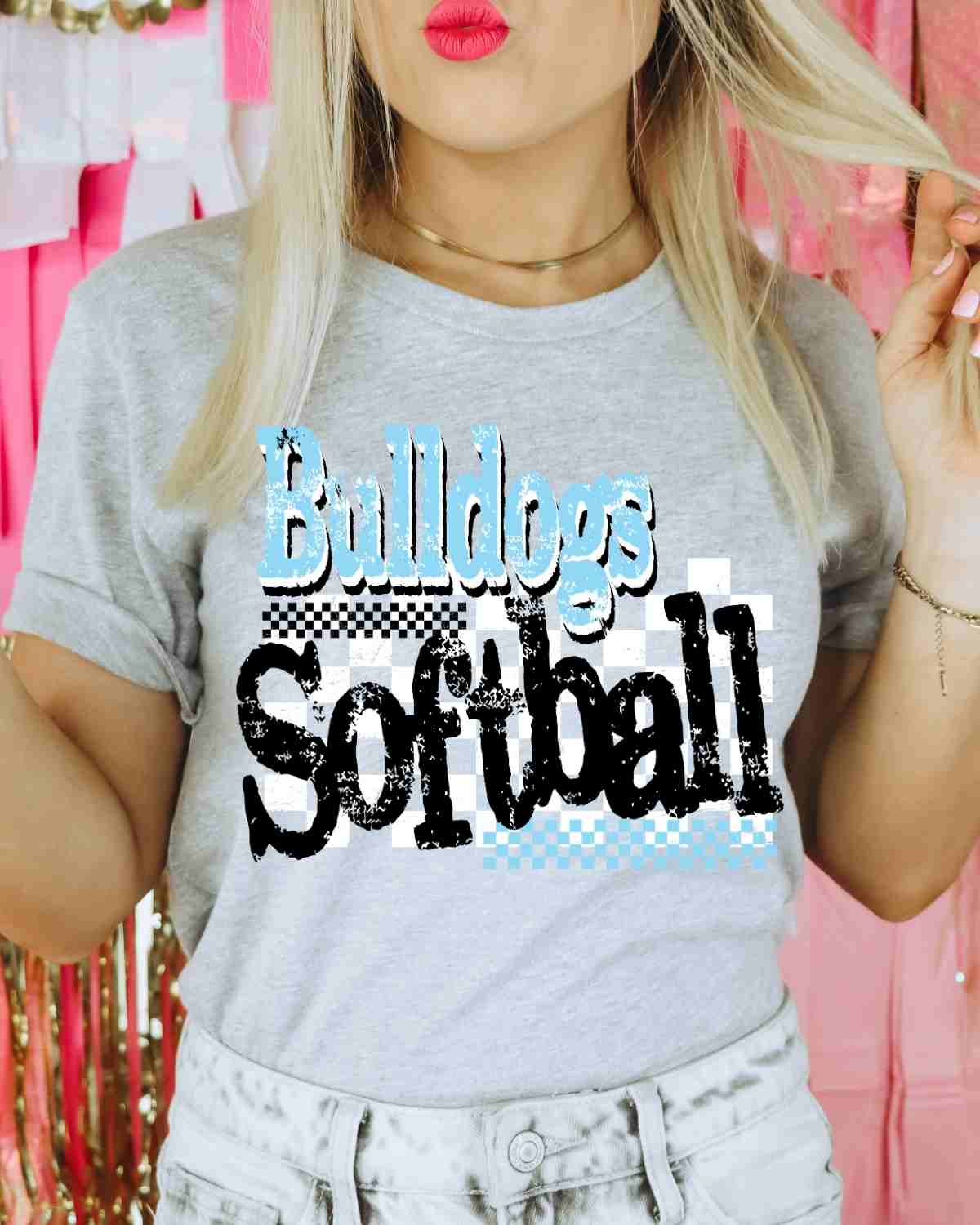 Bulldogs Softball Checkered Grunge DTF Transfer - Rustic Grace Heat Transfer Company