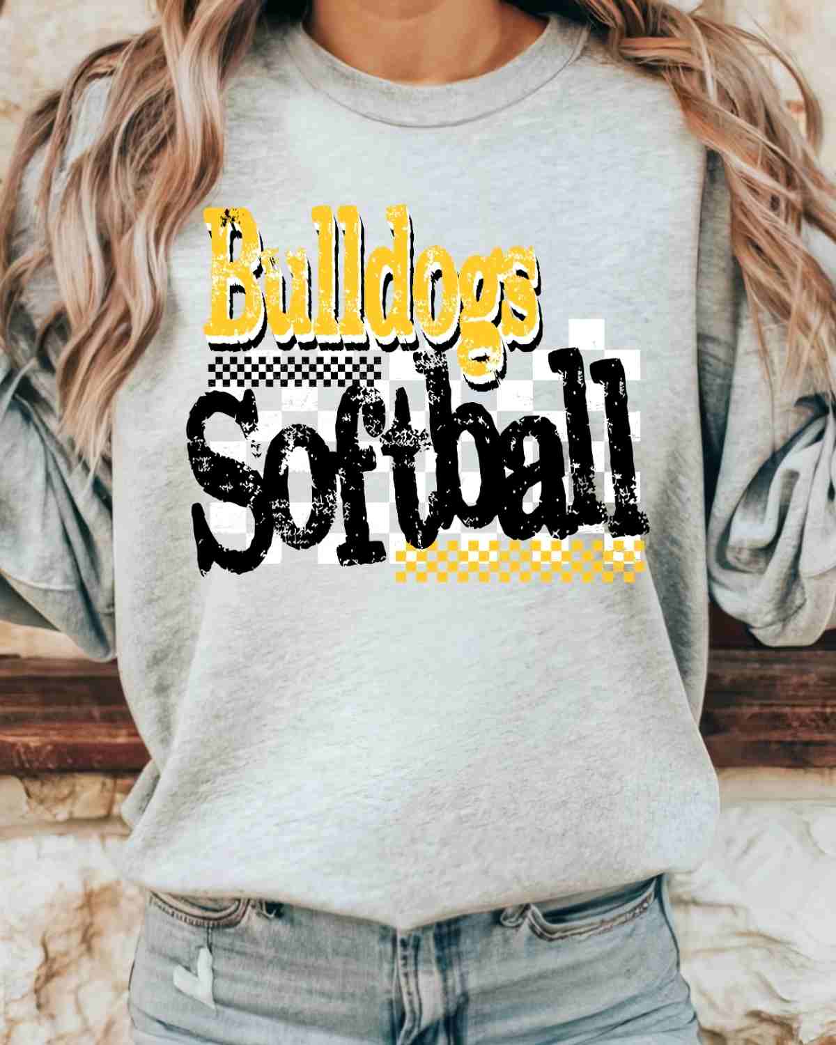 Bulldogs Softball Checkered Grunge DTF Transfer - Rustic Grace Heat Transfer Company