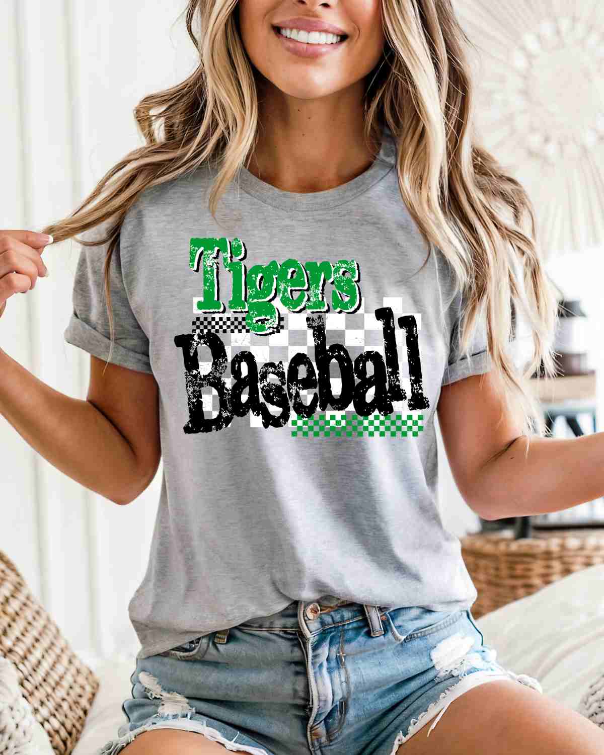 Tigers Baseball Checkered Grunge DTF Transfer - Rustic Grace Heat Transfer Company