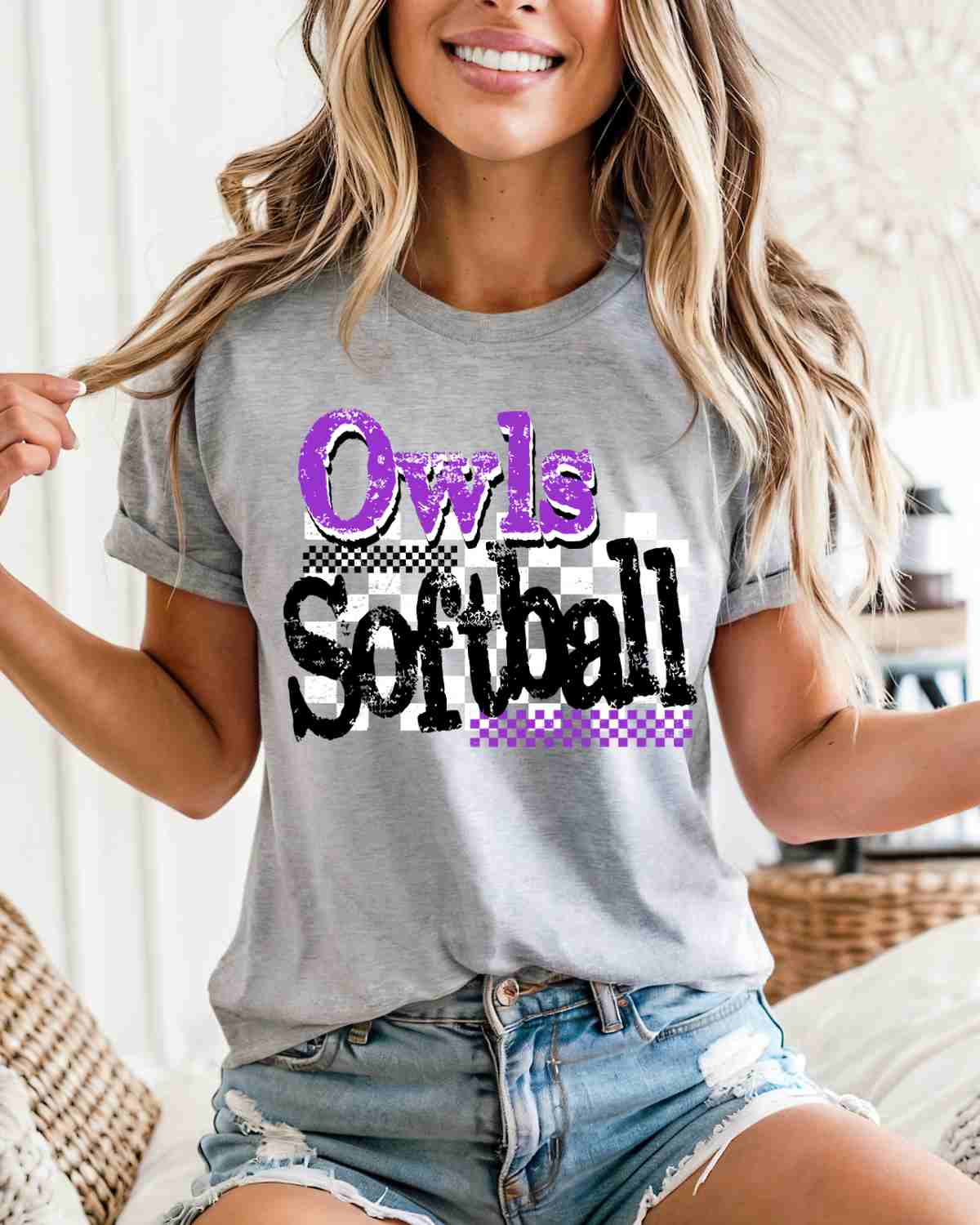 Owls Softball Checkered Grunge DTF Transfer