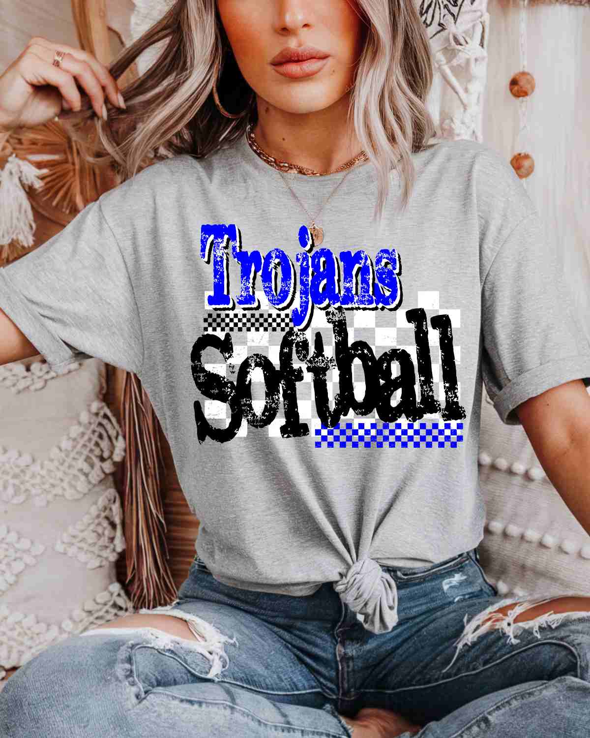 Trojans Softball Checkered Grunge DTF Transfer