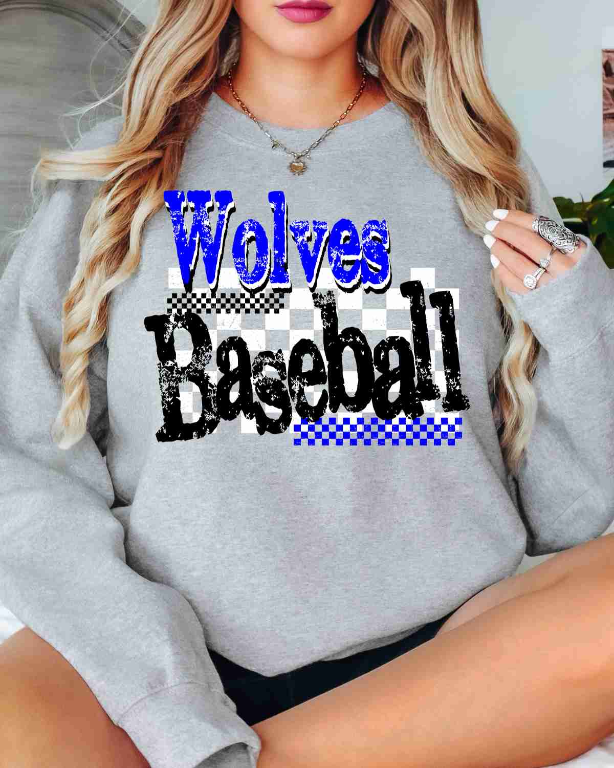 Wolves Baseball Checkered Grunge DTF Transfer - Rustic Grace Heat Transfer Company