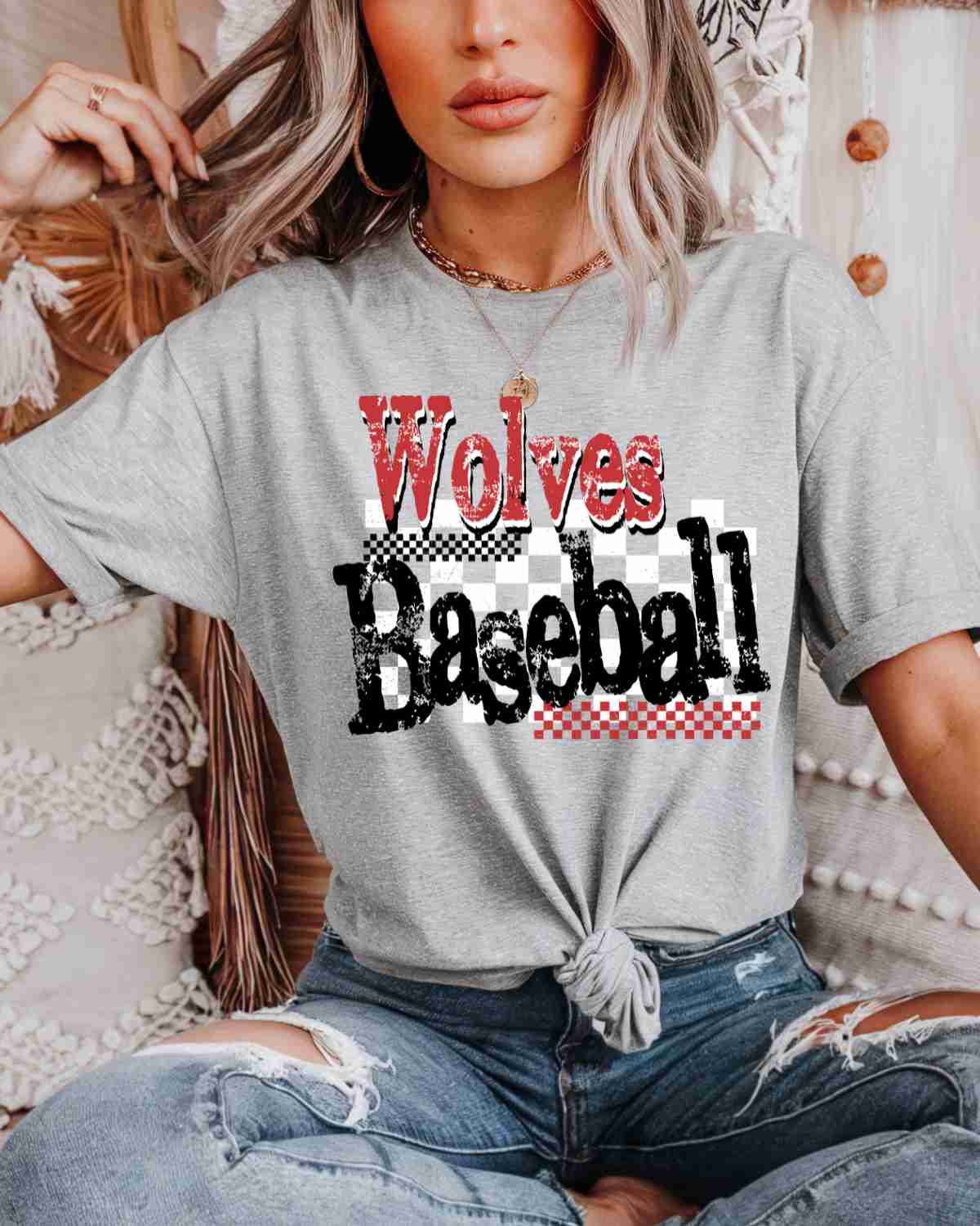 Wolves Baseball Checkered Grunge DTF Transfer - Rustic Grace Heat Transfer Company