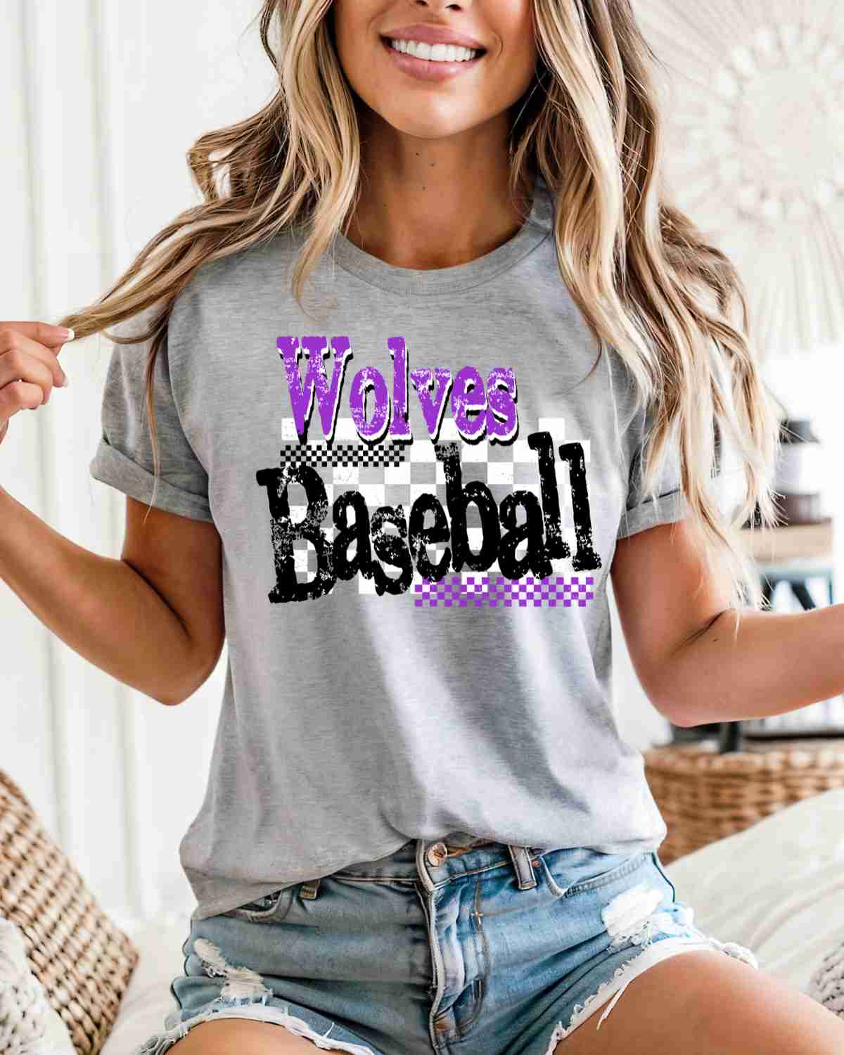 Wolves Baseball Checkered Grunge DTF Transfer - Rustic Grace Heat Transfer Company