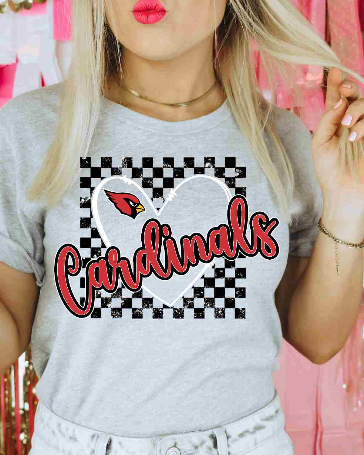 Cardinals Checkered Heart Square DTF Transfer