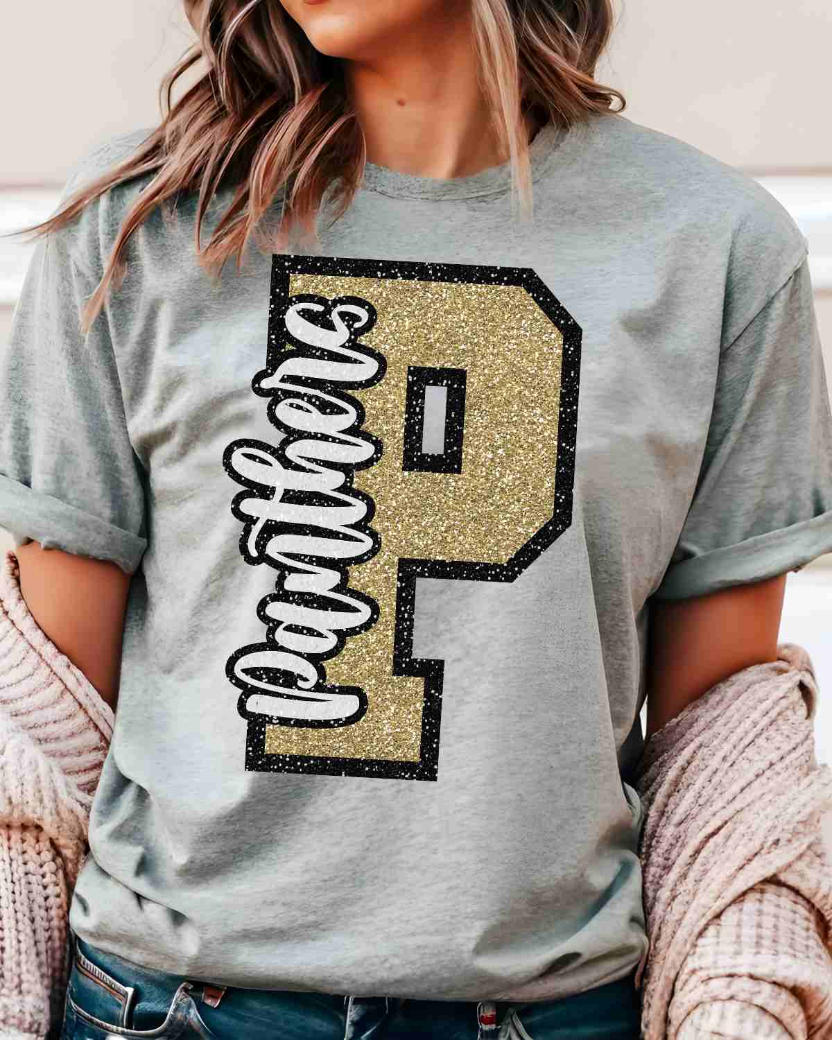 Panthers Glitter Letter DTF Transfer - Rustic Grace Heat Transfer Company