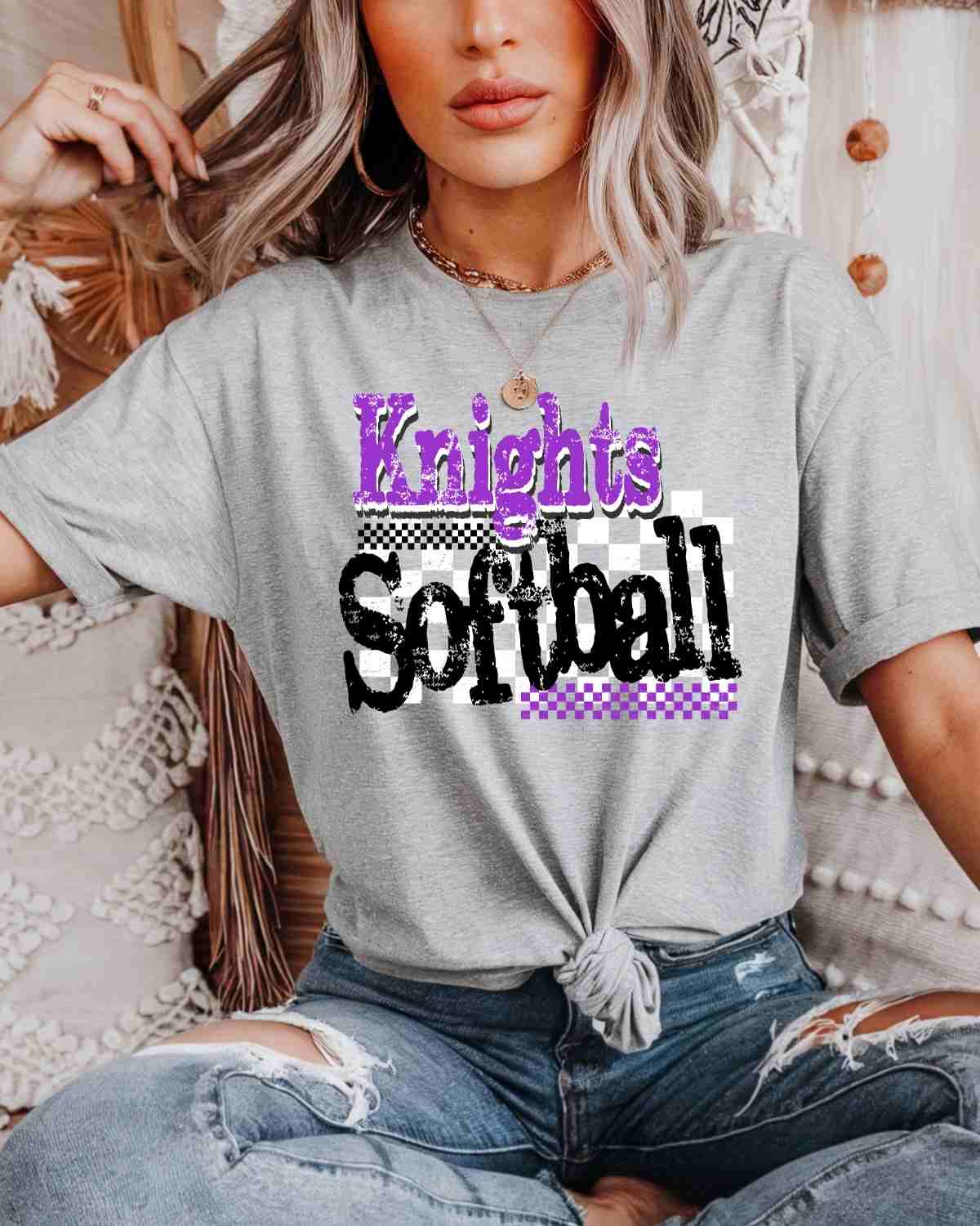 Knights Softball Checkered Grunge DTF Transfer - Rustic Grace Heat Transfer Company