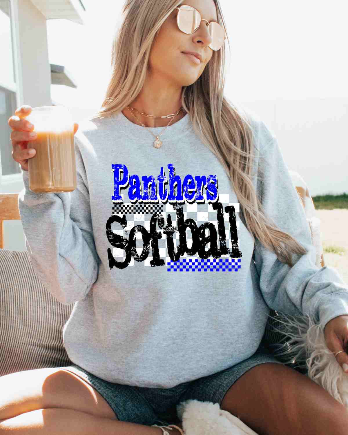 Panthers Softball Checkered Grunge DTF Transfer - Rustic Grace Heat Transfer Company