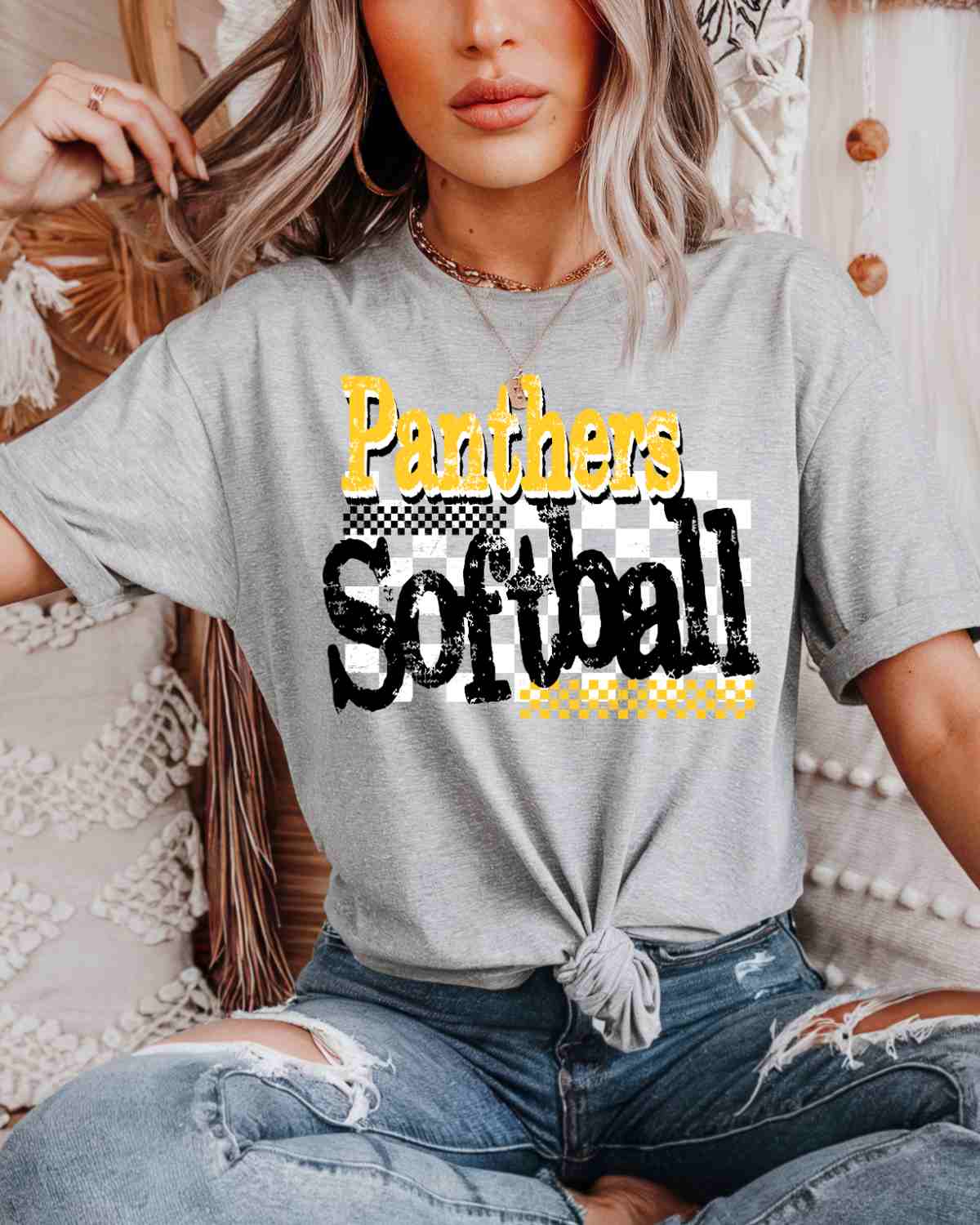 Panthers Softball Checkered Grunge DTF Transfer - Rustic Grace Heat Transfer Company