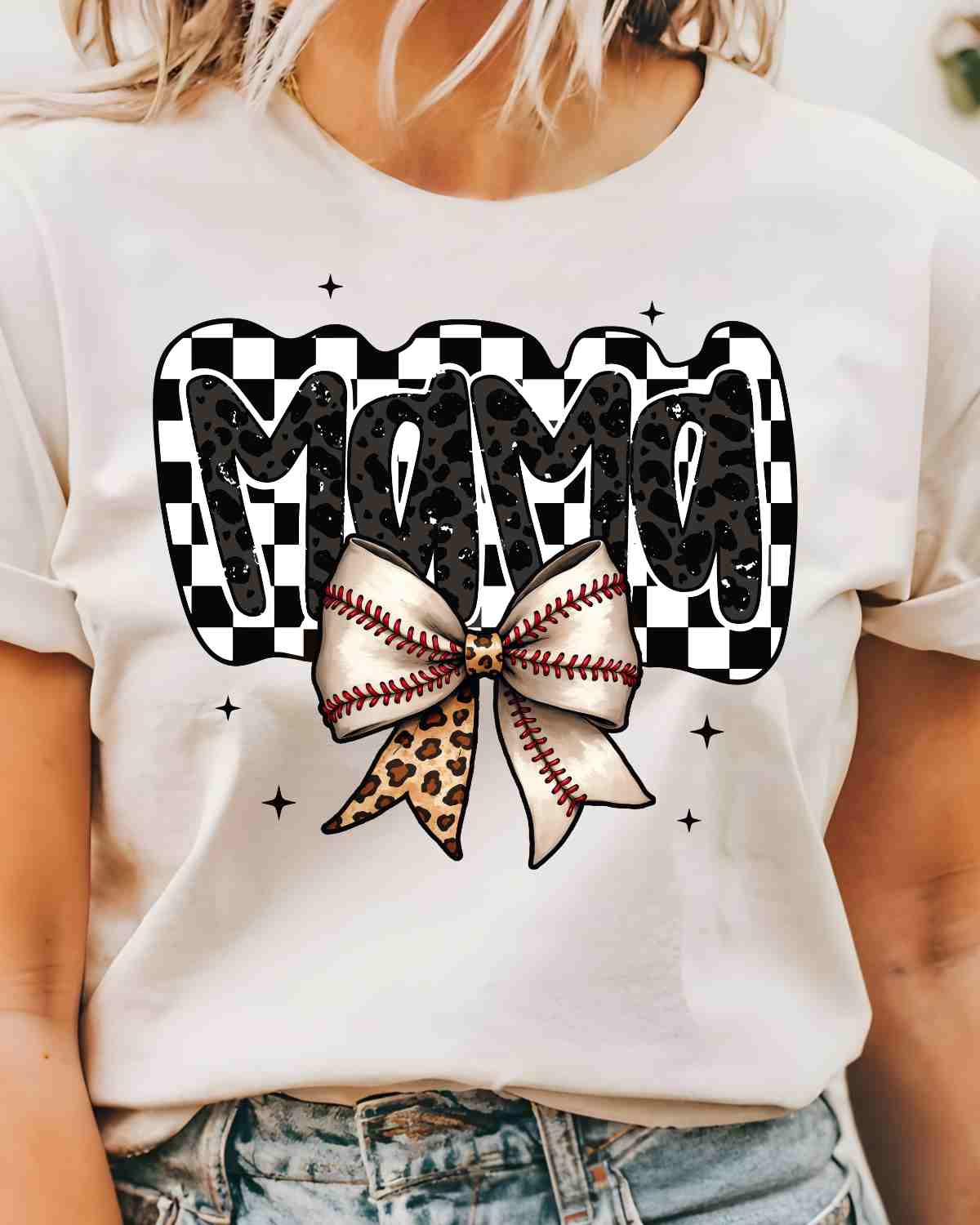 Checkered Baseball Mama Bow DTF Transfer