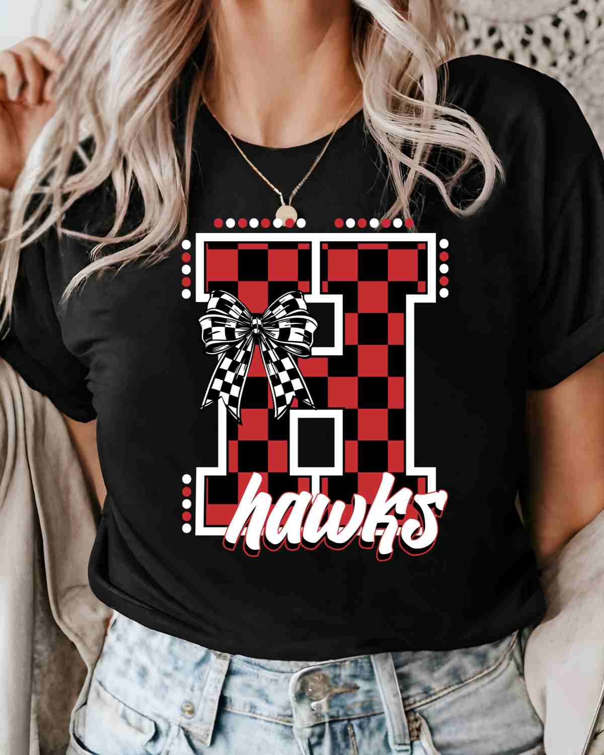 Hawks Checkered Letter Bow DTF Transfer
