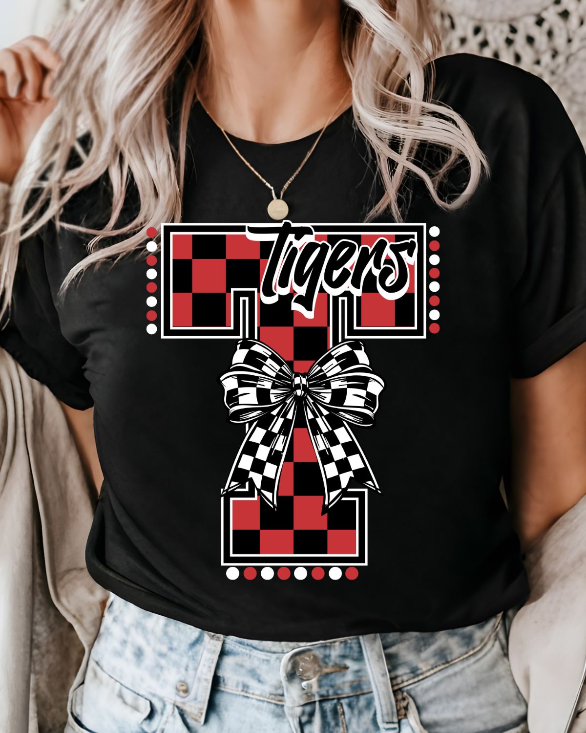 Tigers Checkered Letter Bow DTF Transfer