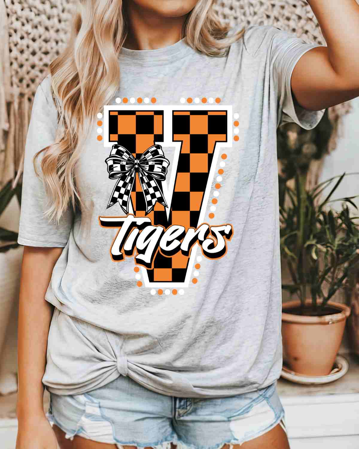 Valley Tigers Checkered Letter Bow DTF Transfer
