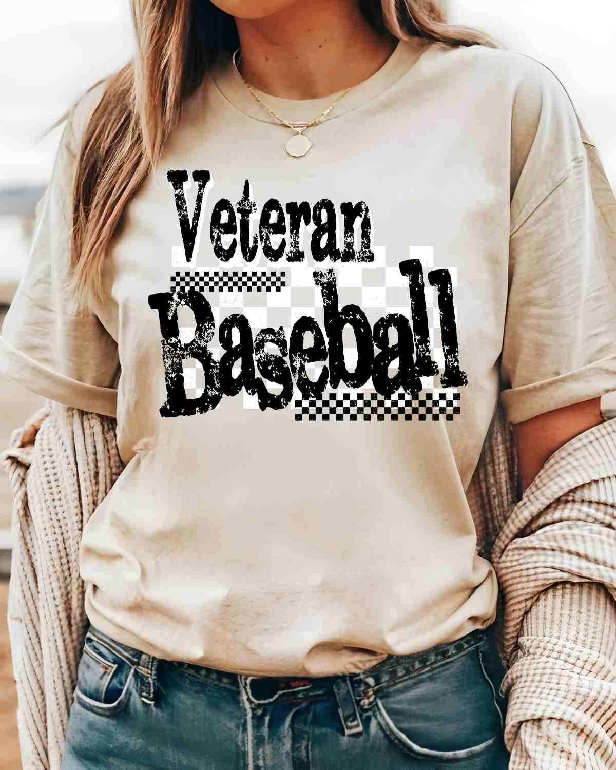 Veteran Baseball Checkered Grunge DTF Transfer - Rustic Grace Heat Transfer Company