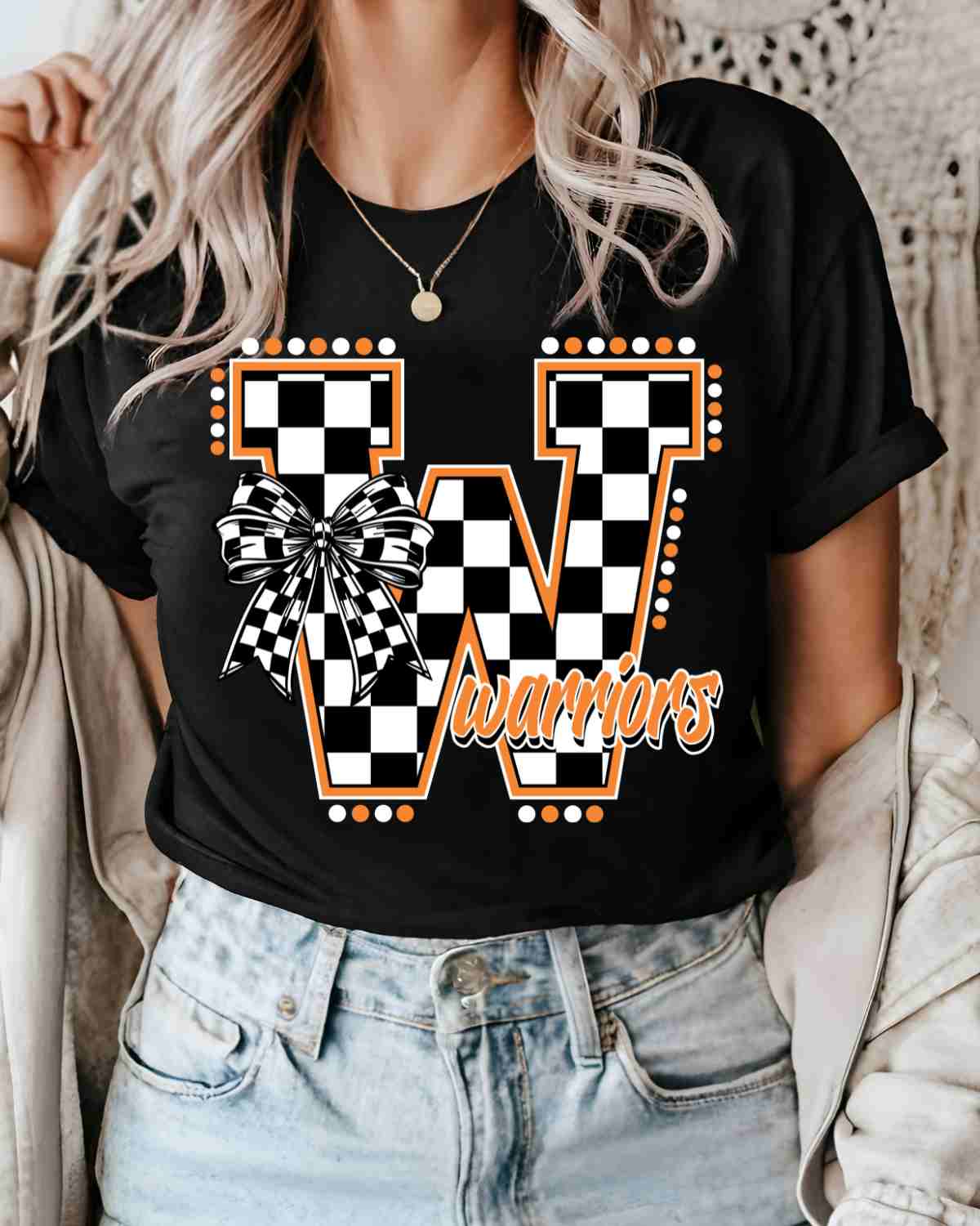 Warriors Checkered Letter Bow DTF Transfer