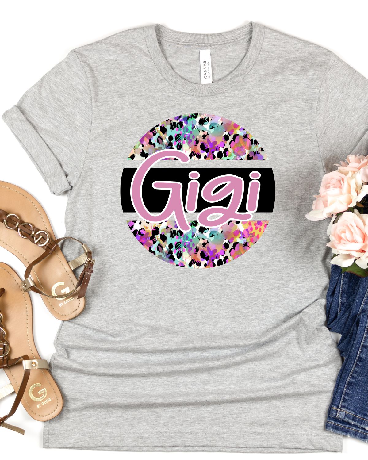 Custom Grandparent Name Leopard Floral Circle Transfer - Rustic Grace Heat Transfer Company