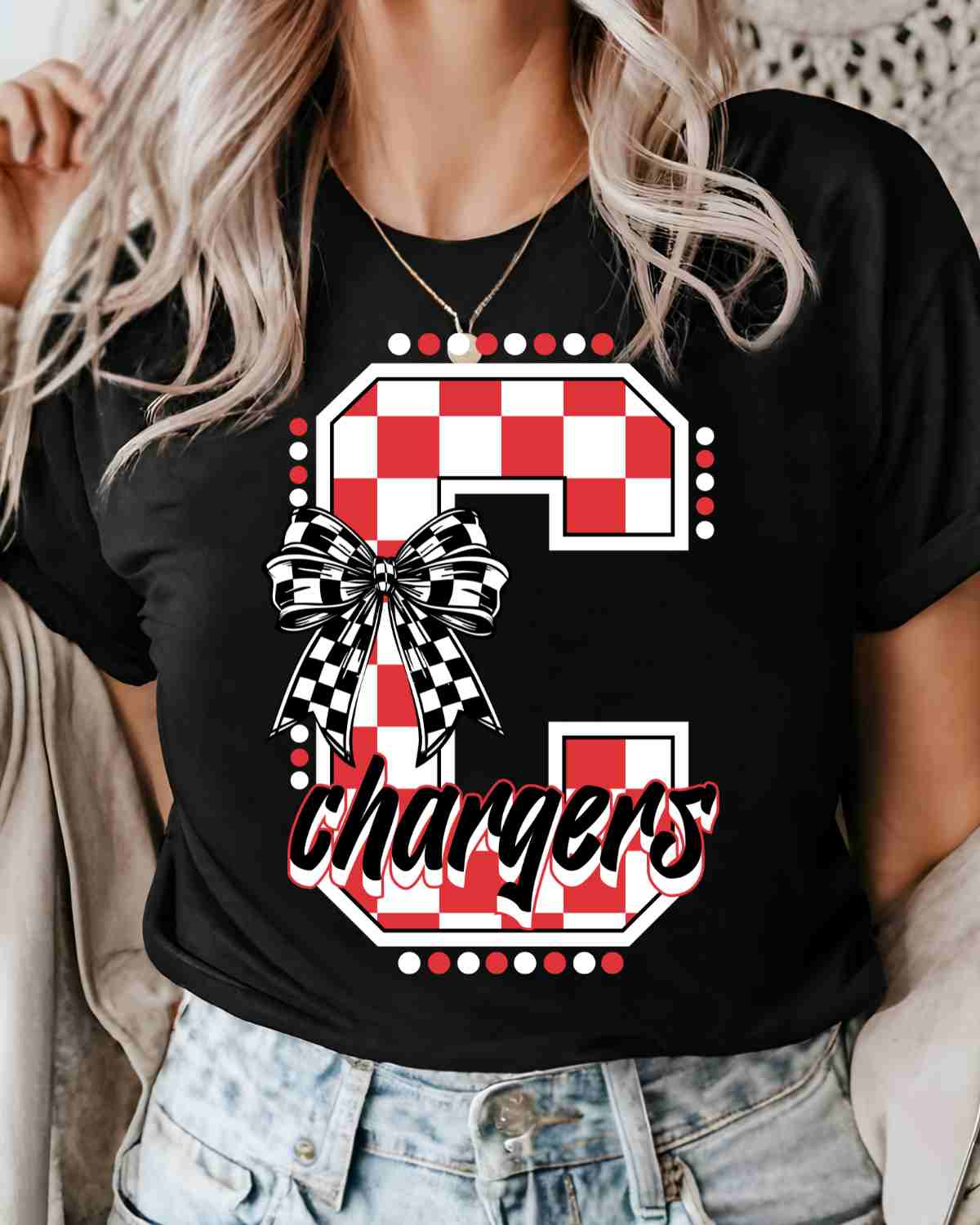 Chargers Checkered Letter Bow DTF Transfer