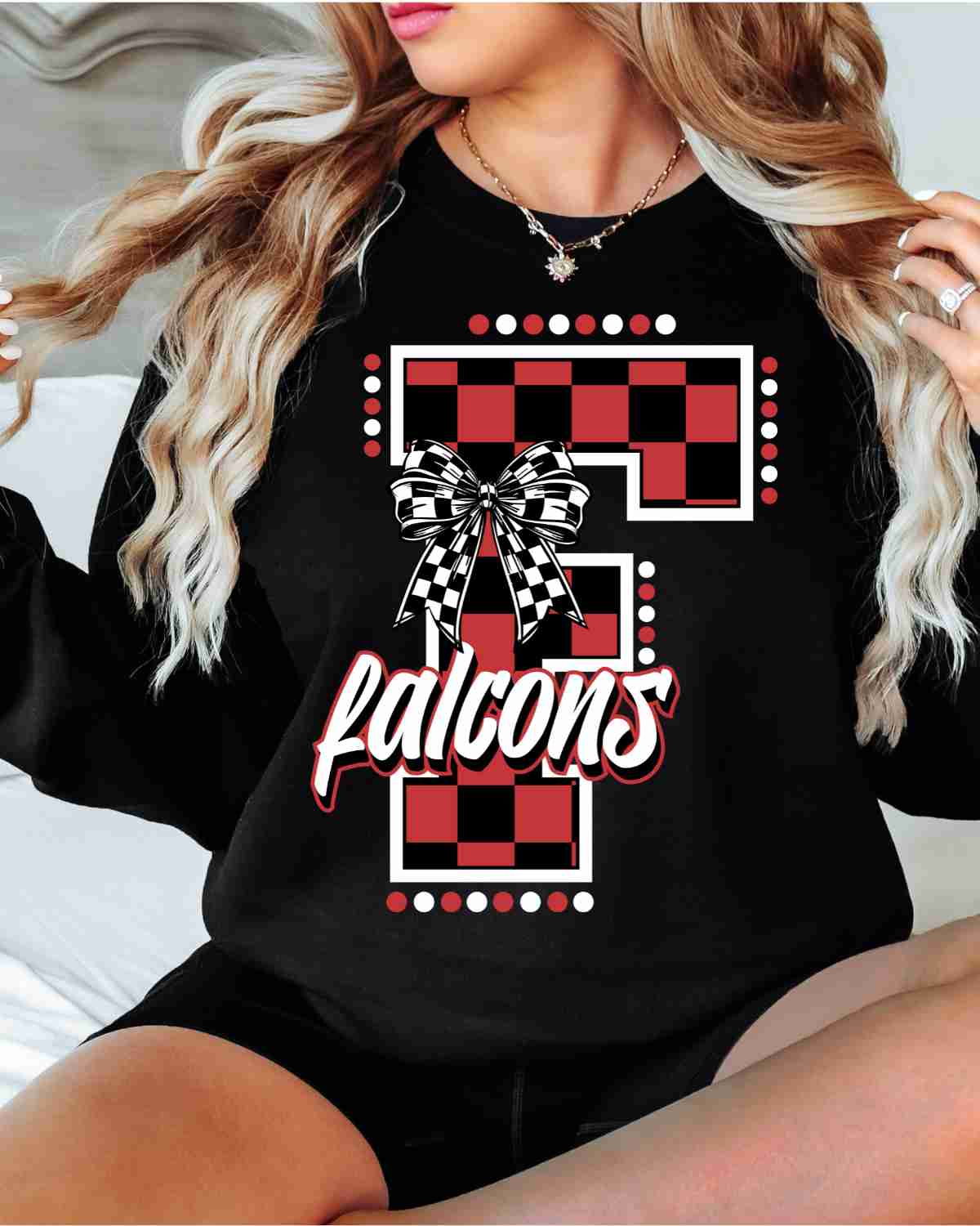 Falcons Letter Falcons Checkered Letter Bow DTF Transfer