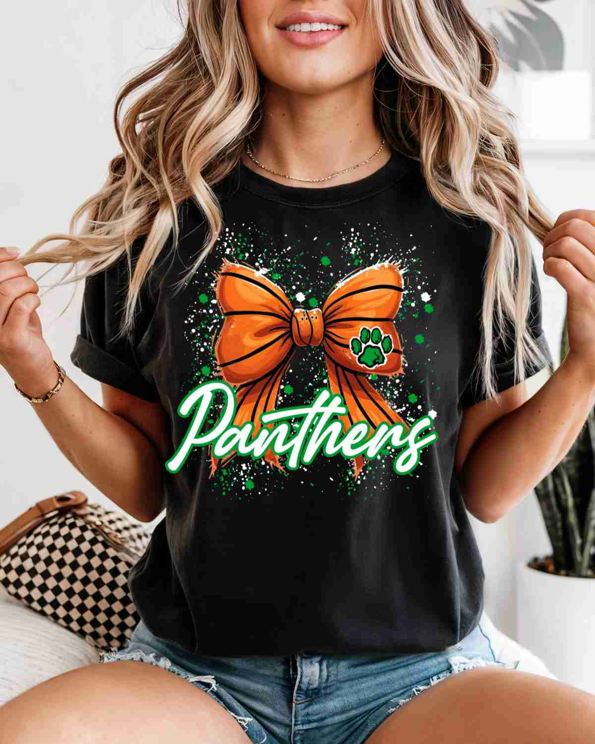 Panthers Basketball Bow Splatter DTF Transfer - Rustic Grace Heat Transfer Company