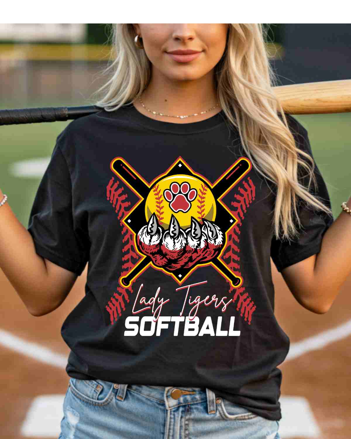 Lady Tigers Softball Holding Ball DTF Transfer - Rustic Grace Heat Transfer Company