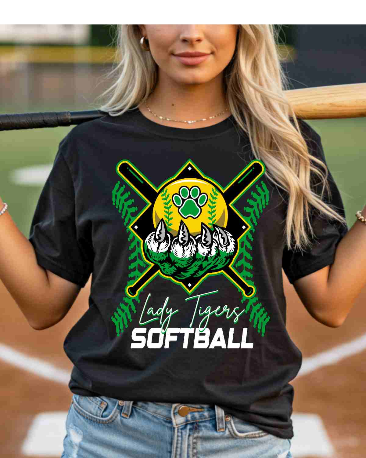Lady Tigers Softball Holding Ball DTF Transfer - Rustic Grace Heat Transfer Company