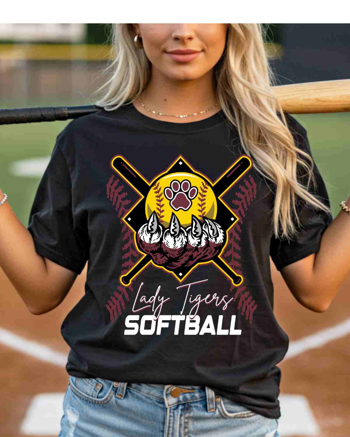 Lady Tigers Softball Holding Ball DTF Transfer - Rustic Grace Heat Transfer Company