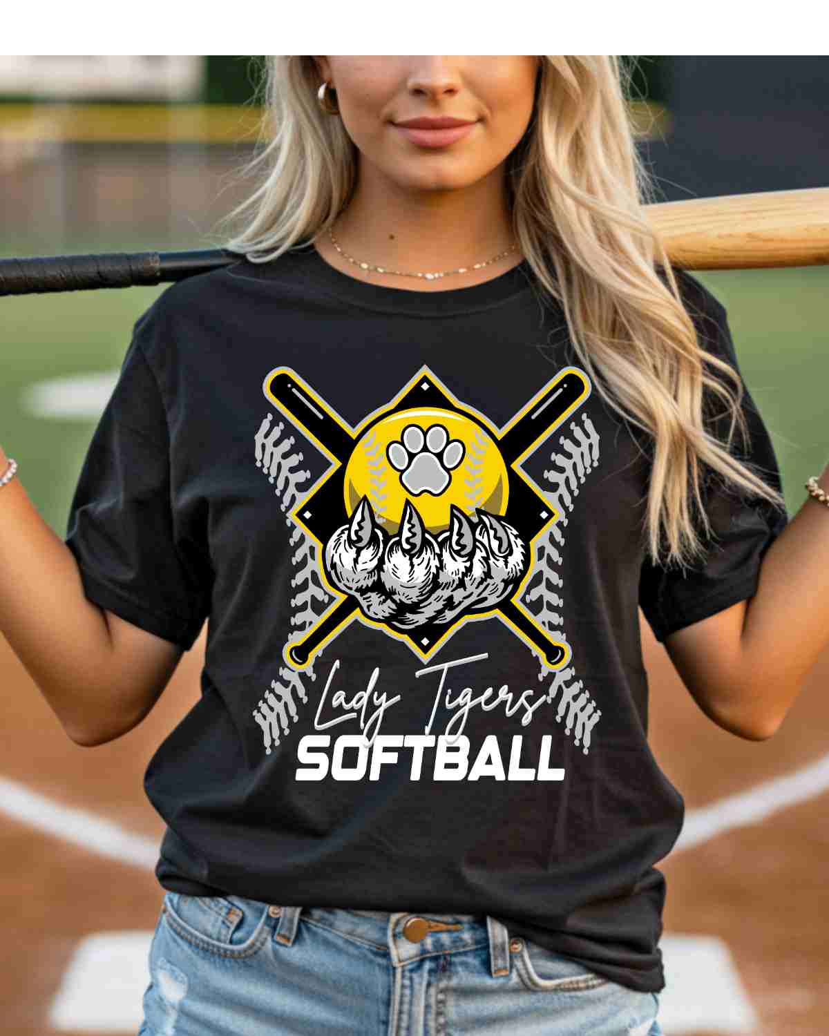 Lady Tigers Softball Holding Ball DTF Transfer - Rustic Grace Heat Transfer Company