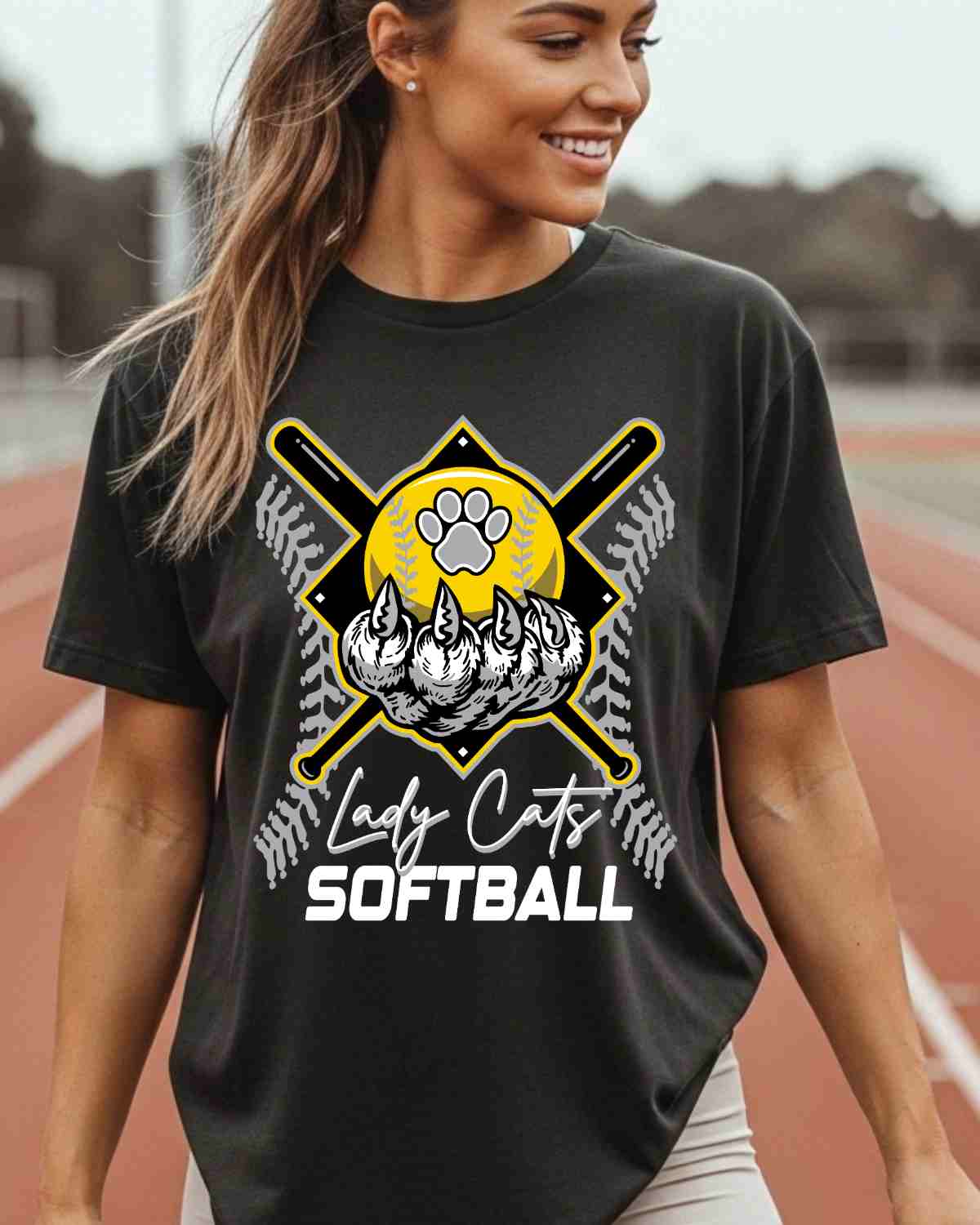 Lady Cats Softball Holding Ball DTF Transfer - Rustic Grace Heat Transfer Company