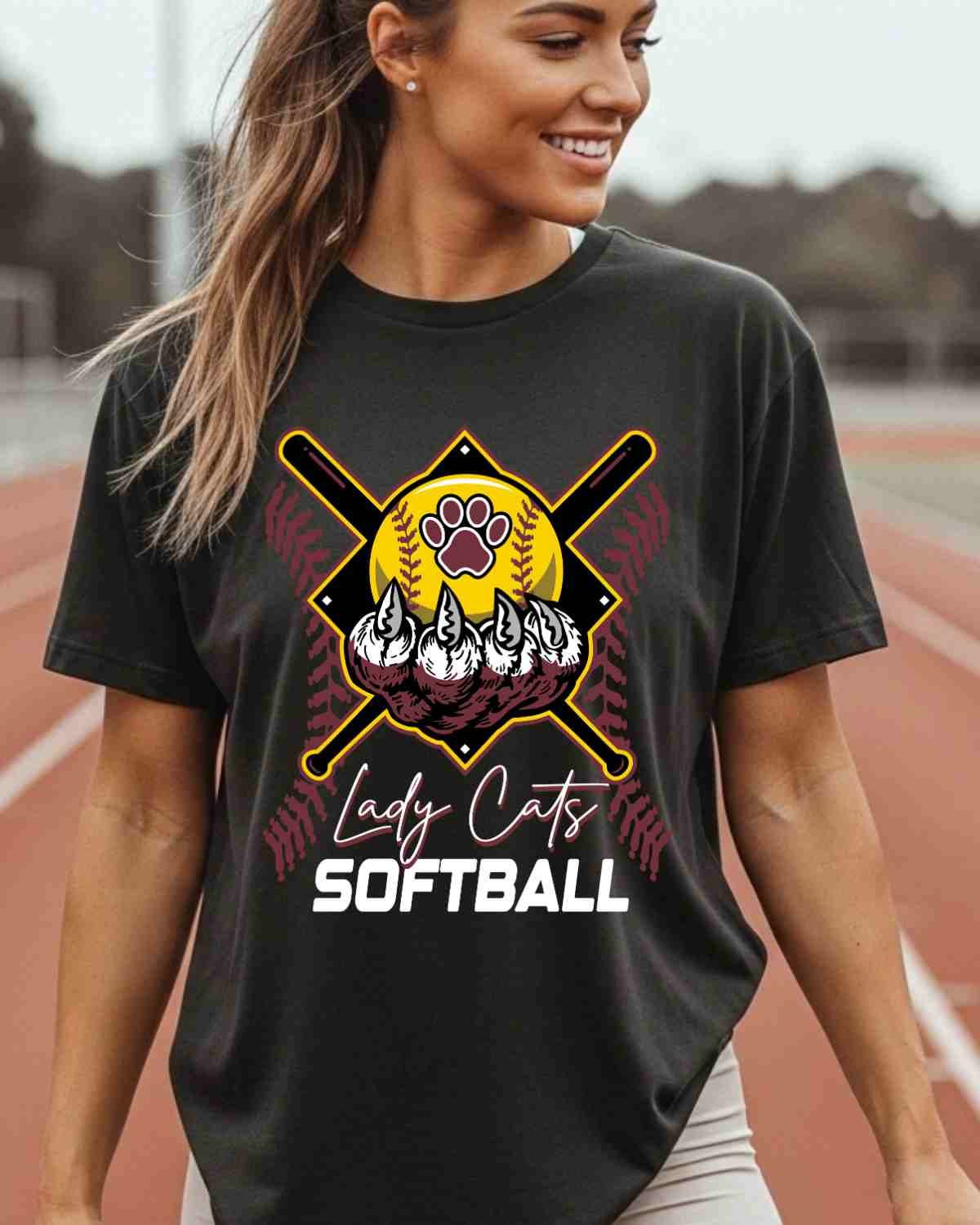 Lady Cats Softball Holding Ball DTF Transfer - Rustic Grace Heat Transfer Company