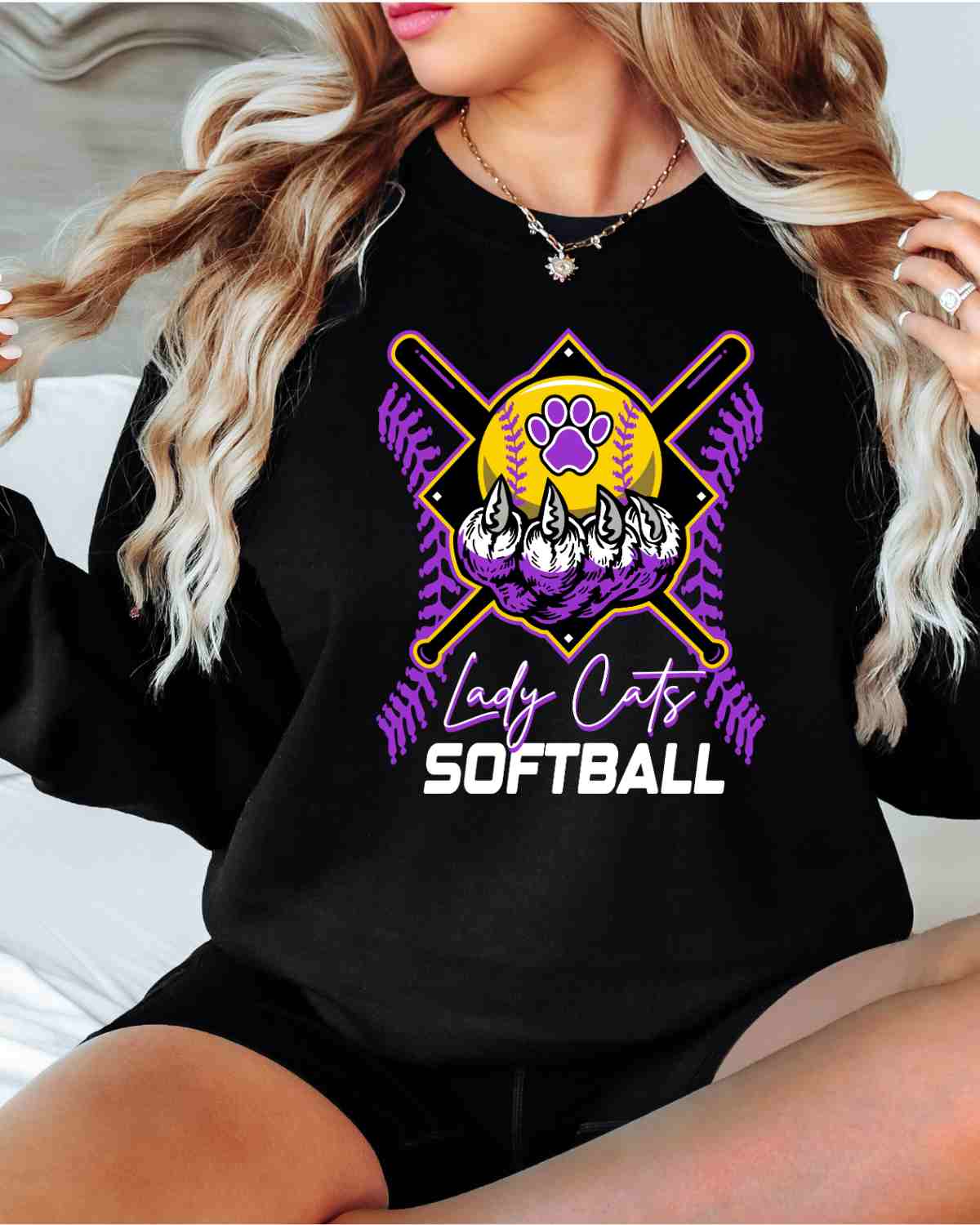 Lady Cats Softball Holding Ball DTF Transfer - Rustic Grace Heat Transfer Company