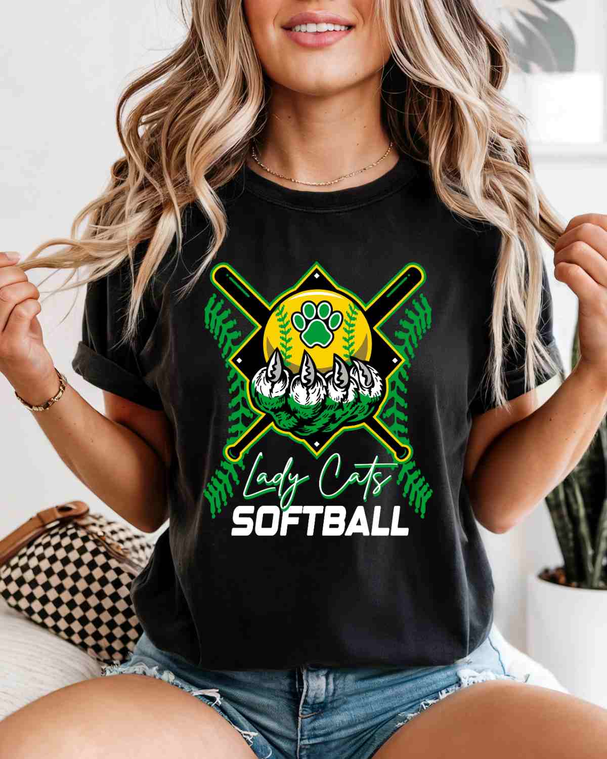Lady Cats Softball Holding Ball DTF Transfer - Rustic Grace Heat Transfer Company