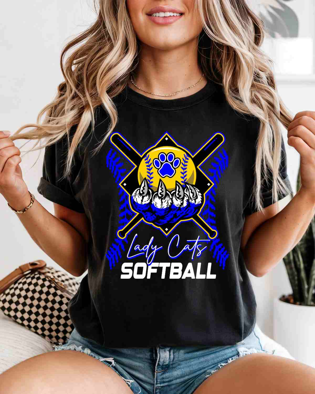 Lady Cats Softball Holding Ball DTF Transfer - Rustic Grace Heat Transfer Company