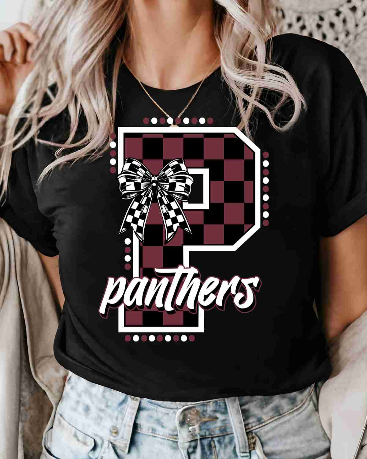 Panthers Checkered Letter Bow DTF Transfer