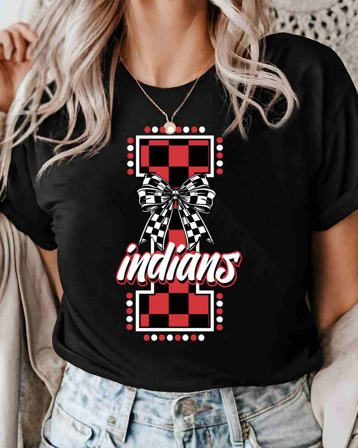 Indians Checkered Letter Bow DTF Transfer
